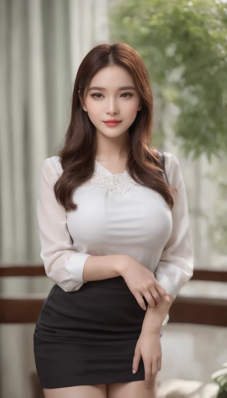 High quality，tmasterpiece，超A high resolution，(Photorealsitic),（realisticlying：1.4），RAW photogr，1girll，(Full body photo，inside in room，sit on chair，Legs crossed)，Good looking face，Slim，Dignified，Small Fresh，（blouse with a white collar，black short skirt），ssmile，cabelos preto e longos，Beautiful hair accessories，Beautiful teenage girl，detailed scene, Beautiful digital illustrations, detaileds，ultra - detailed, Cinematic quality, (Beauty and aesthetics，big breasts beautiful)，correct hand