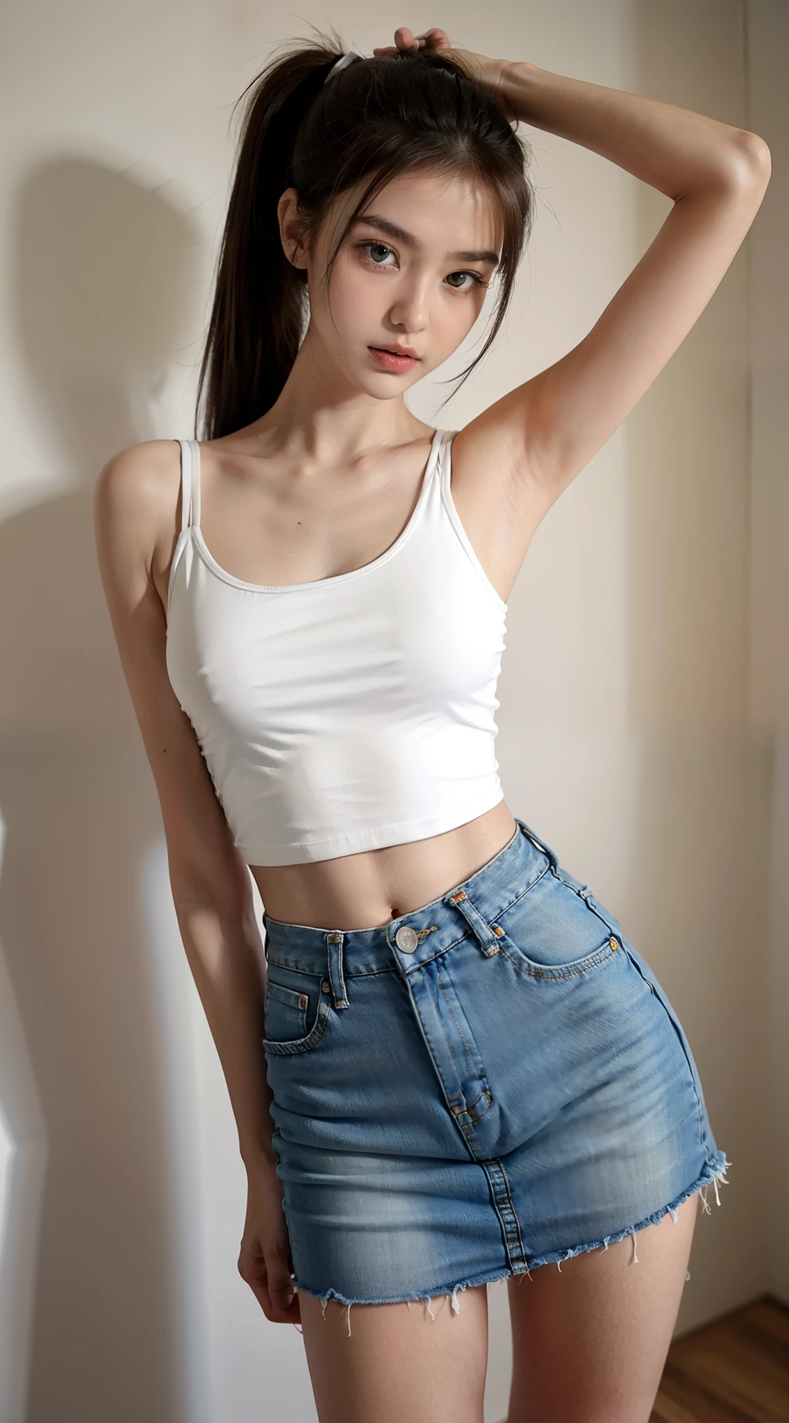 Leather Tank Top、White bra、Crouch Pose、Girl taking photo in tight denim miniskirt、Denimini、Ultra mini skirt、white panty、arm behind back、flaxen ponytail、full body Esbian、Cropped T-shirt、bra very、slim figure、Petite bust、Slim Girl Model、21-year-old female model、