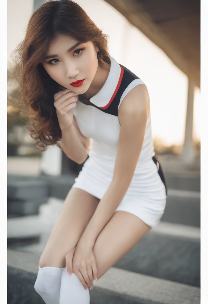 White Sleeveless Golf Wear、White mini skirt、Black knee high socks、White sneakers、1 female、20yr old、Beautie、beauty legs