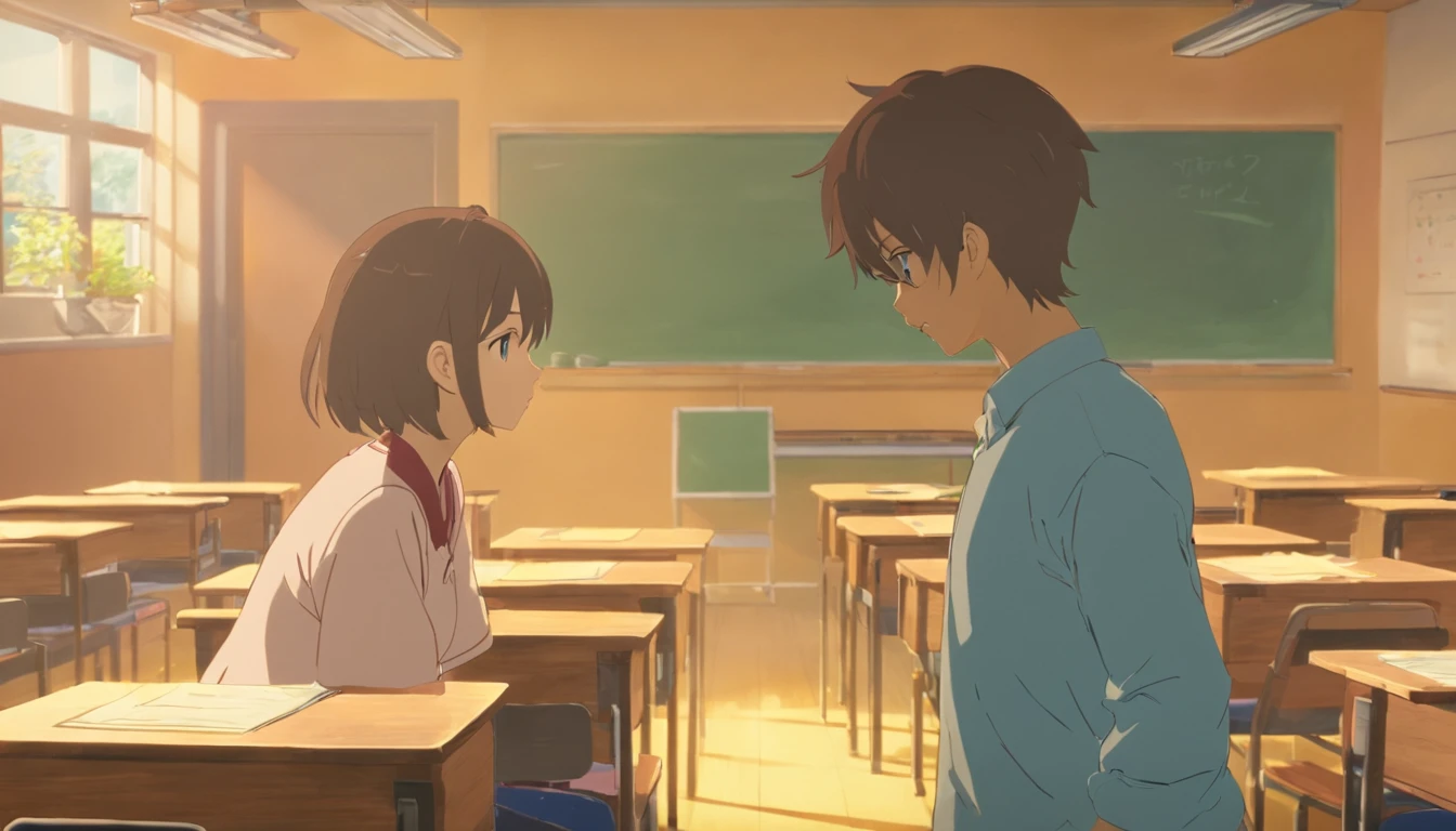 inside a classroom，A boy and a girl are arguing，The girl is facing the camera，The boy turned his back to the camera，The girl looked indifferent