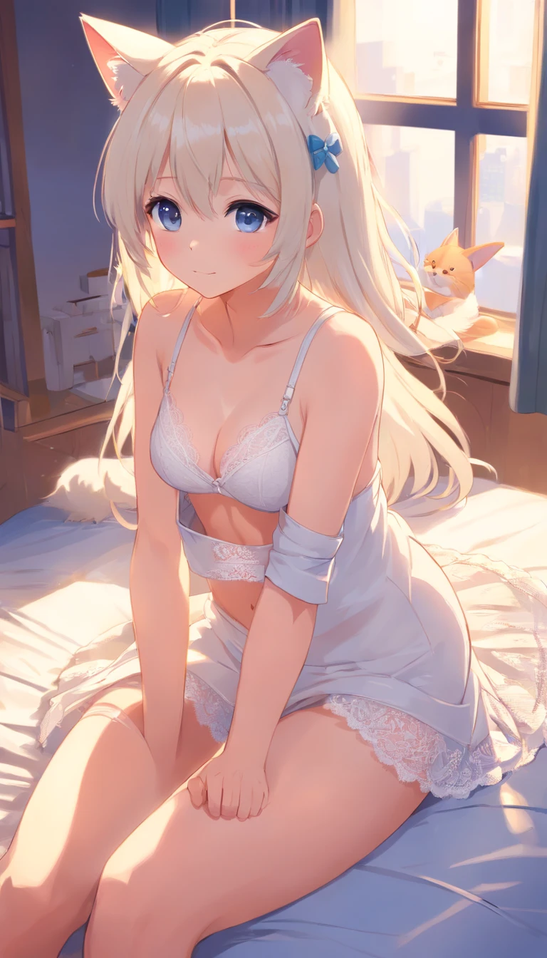 Anime cat ears girl，White color hair，long whitr hair，White lace bra，White lace panties，huge tit，Practice leg heights in the bedroom, Lori huge breasts cleavage, Guviz-style artwork, Guweiz in Pixiv ArtStation, Guweiz on ArtStation Pixiv, Guviz,  girl, Soft anime illustration, Anime visuals of cute girls, Detailed digital anime art