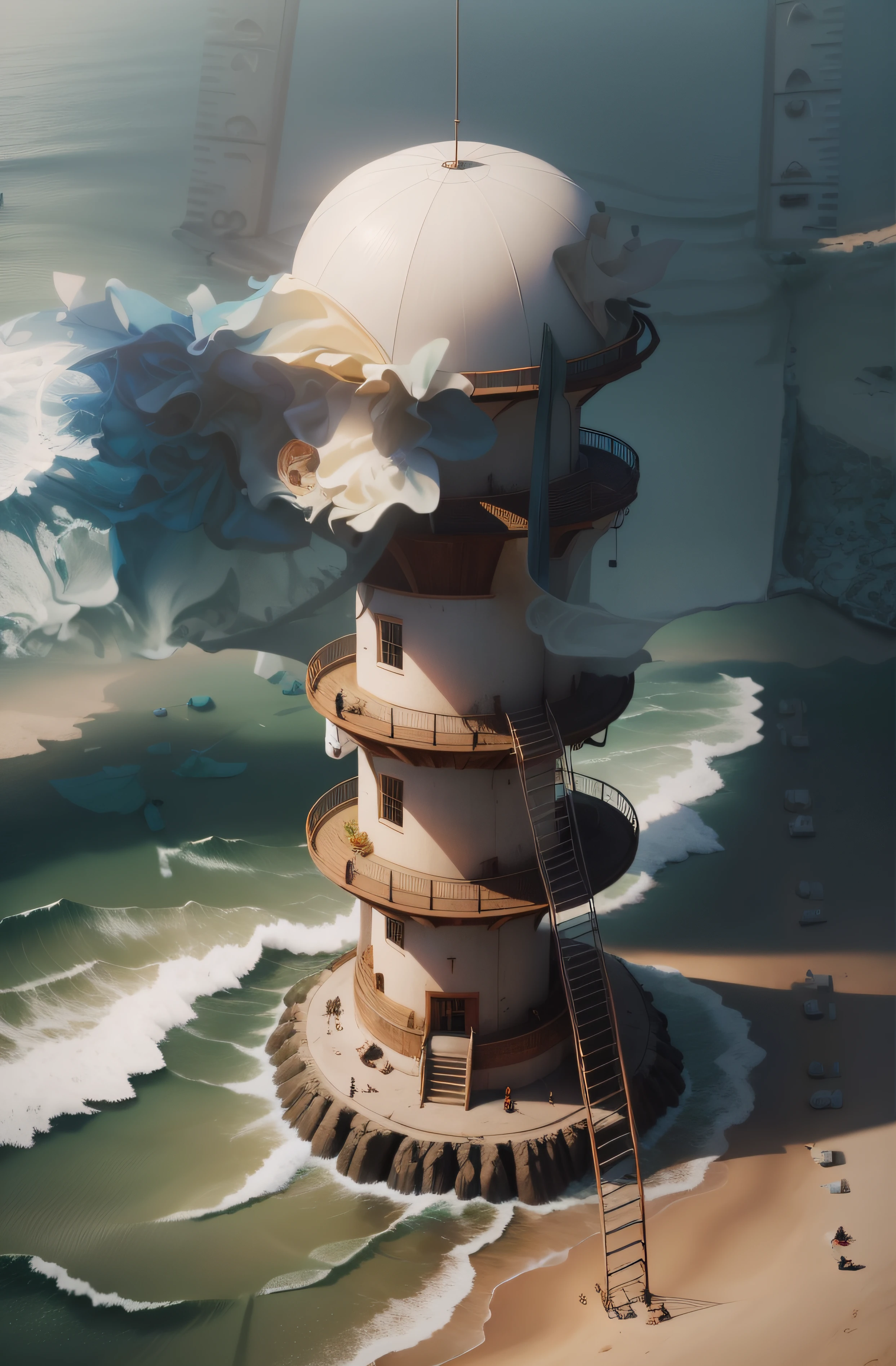 Um farol em uma rocha em Alto Mar funciona como um sinal, com um basquete gigante pendurado na frente e um basquete voando no ar. (best quality,4k,8k,Alto,master part:1.2), ultra-detalhado, (Realistic,photo-realistic:1.37), HDR, UHD, studio lighting, extreme detail description, profissional, vivid colors, Bokeh, Retrato, Landscape, basquete, basquete gigante, farol, Rocha, Alto Mar, sinal, basquete voador