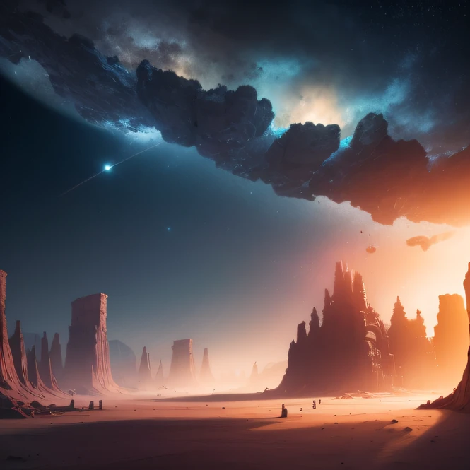 an alien base (very detailed) with several exhaust fans and chimneys in the middle of a mountainous desert, some spotlights coming out of the base to light up the dark place, (extreme night), some clouds in the night sky, some planets around to give an unknown planet air