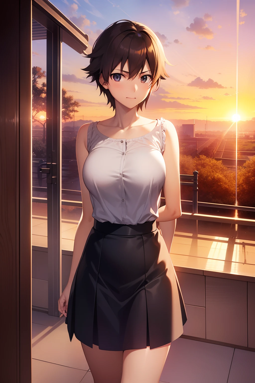 anime big breast，Makoto Shinkai anime，Makoto Shinkai concept art animation，Romantic pink train，the setting sun，Sunset，lindo cenario，super-fine，tmasterpiece，8k，best qualtiy