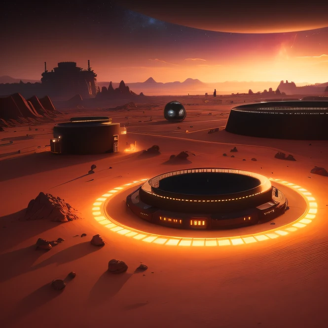 an alien base (very detailed) with several exhaust fans and chimneys in the middle of a mountainous desert, some spotlights coming out of the base to light up the dark place, (extreme night), some clouds in the night sky, some planets around to give an unknown planet air