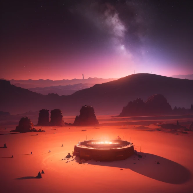 an alien base (very detailed) with several exhaust fans and chimneys in the middle of a mountainous desert, some spotlights coming out of the base to light up the dark place, (extreme night), some clouds in the night sky, some planets around to give an unknown planet air