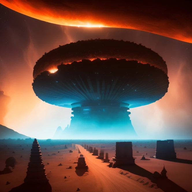 Alien base (Very detailed) In the mountainous desert there are several exhaust fans and chimneys, Some spotlights come out of the base to illuminate dark places, (Extreme nights), Some clouds in the night sky, Some of the surrounding planets give air to unknown planets,The farthest giant volcano is erupting