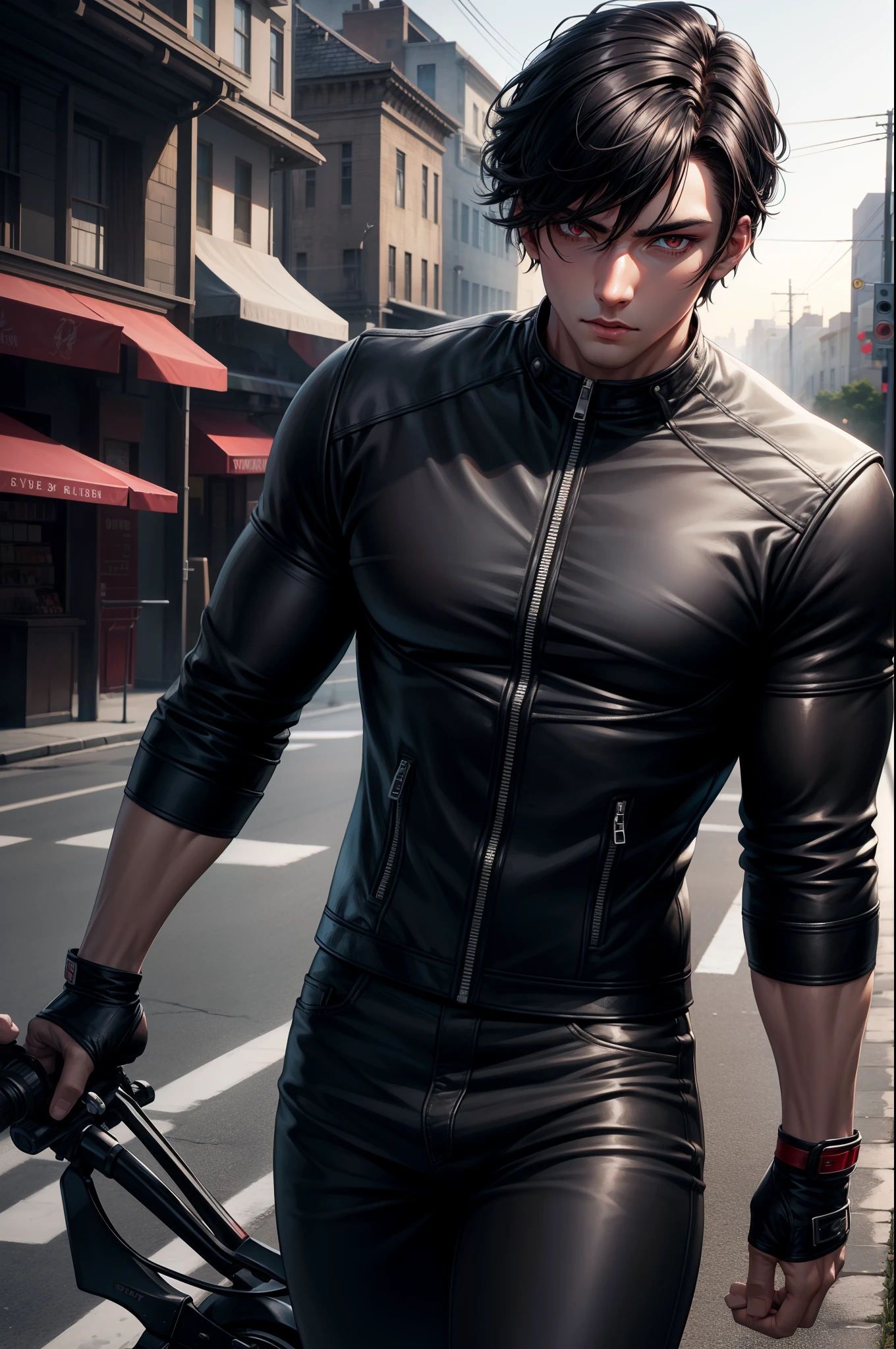 1 male, Beautiful boy, Body Length 180, 20 years old, (black short hair, Street hairstyle) , ((red eyes)), realistic eyes, beautiful and sharp eyes), Men's Clothing, Biker clothing, muscles, (8k wallpaper), (street background) 8k, Quilty Altitude, Realistic, Beautiful realism, outstanding detail, RAW photo, Realistic clothes, Black hair, realistic hair, realistic eyes, Light and cool lighting, realistic photo, Cel shaded, Gel lighting, ultra-detail, ((Street bike ride)), (In the morning)