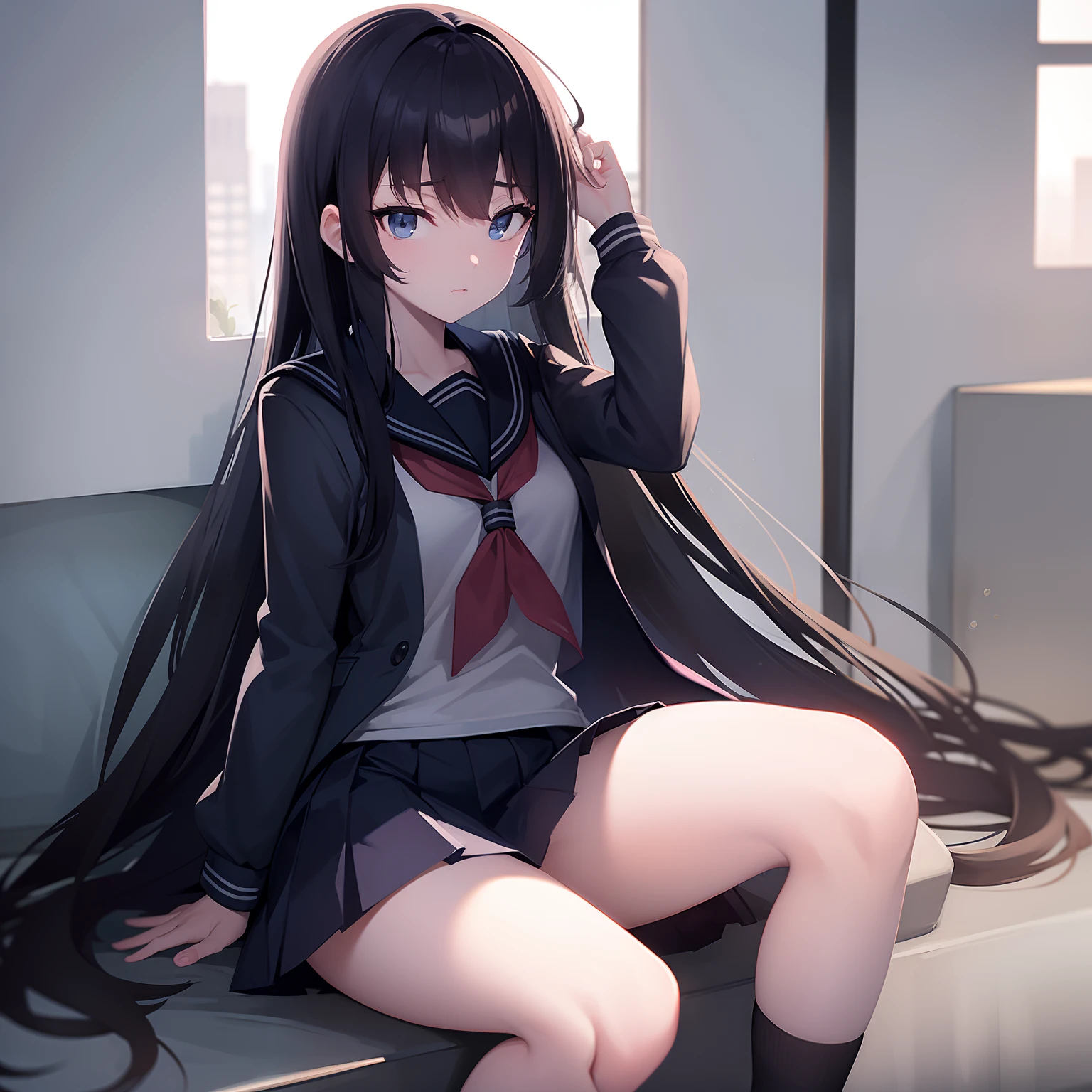 On the sofa、I can see her panties、M-shaped legs、M-shaped legs、M-shaped legs、Crouching、、I can see her panties、Blushing、Feeling embarrassed、Black Hair、Semi-long hair、