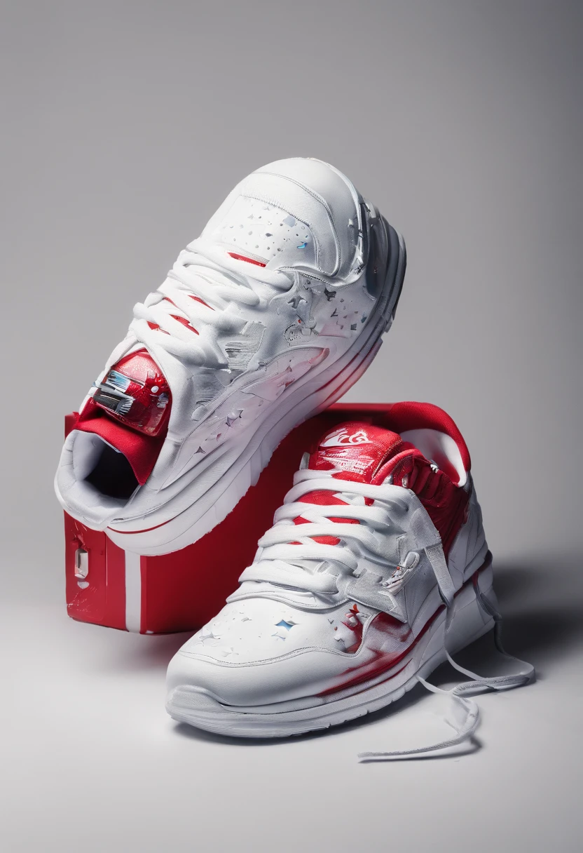 Craft a captivating and creative advertising photograph for white red sneakers that pushes the boundaries of traditional marketing. Showcase the sneakers in a unique and unexpected setting or context that tells a compelling story about the product. Use innovative lighting, angles, and composition to emphasize the sneakers' design, comfort, or performance features. Let your imagination run wild to create a visually stunning and memorable advertisement that makes viewers eager to step into these sneakers."