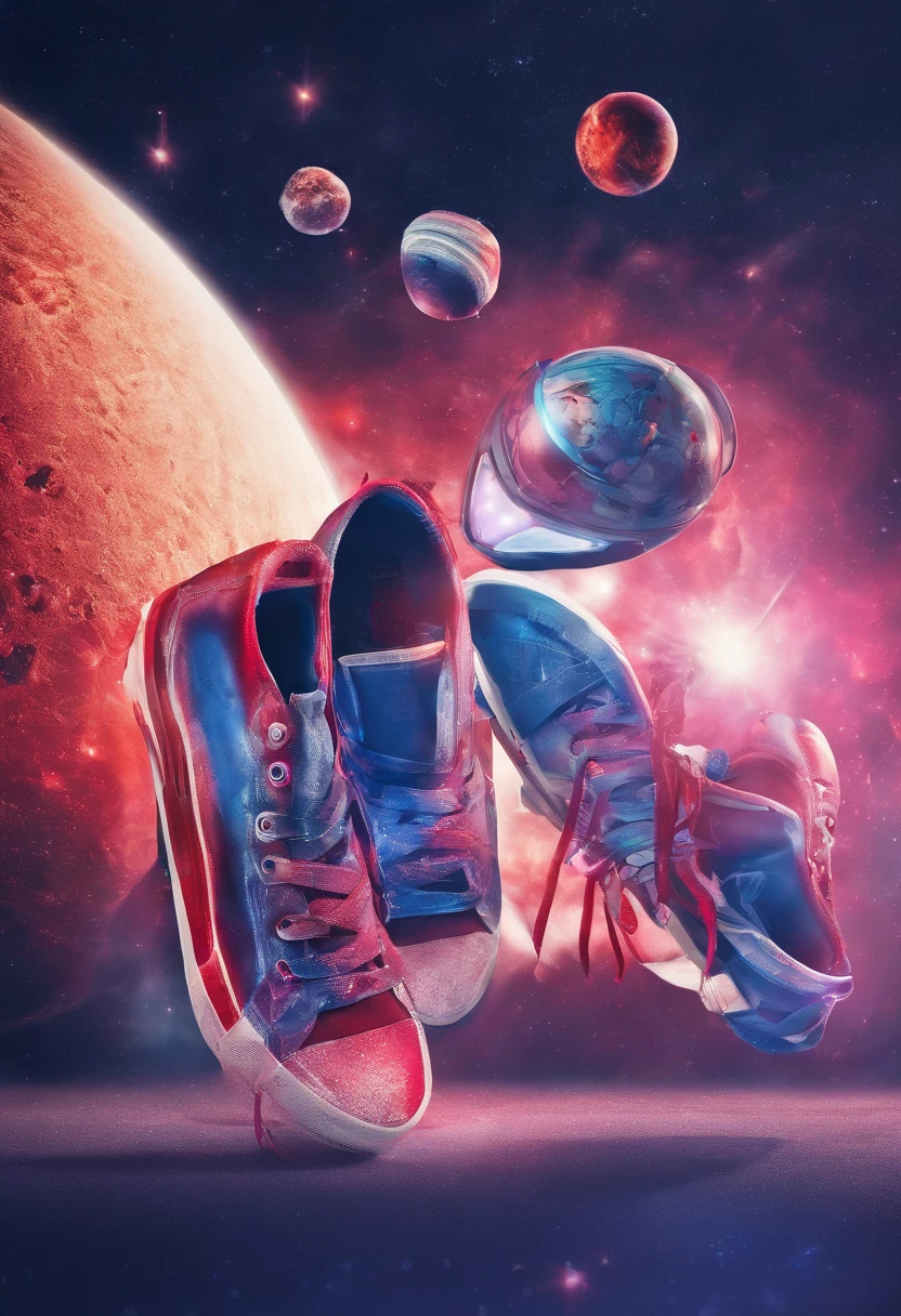 Craft a captivating and creative advertising photograph for white red sneakers that pushes the boundaries of traditional marketing. Showcase the sneakers in a unique and unexpected setting or context that tells a compelling story about the product. Use innovative lighting, angles, and composition to emphasize the sneakers' design, comfort, or performance features. Let your imagination run wild to create a visually stunning and memorable advertisement that makes viewers eager to step into these sneakers."