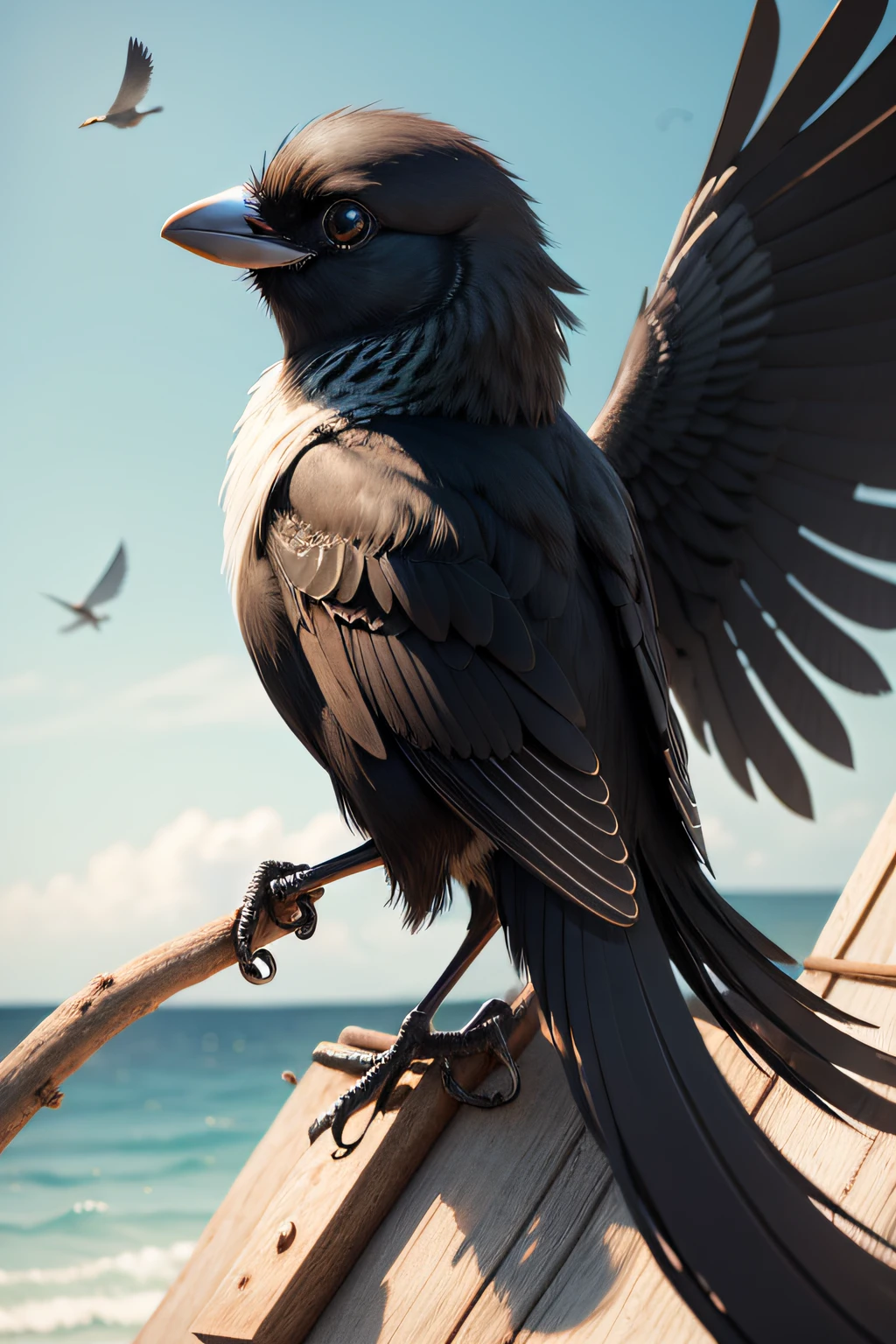 black sparrow bird with open wings