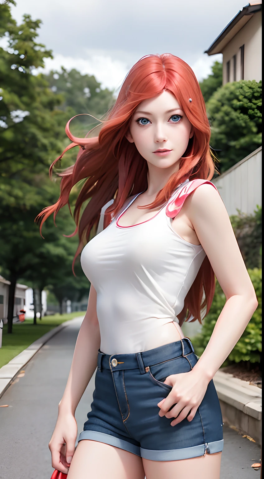 uzumaki_kushina, large_breasts, standing, solo, denim_shorts,, masterpiece, best quality, detailed face, detailed eyes, highres,red long hair ,blue eyes