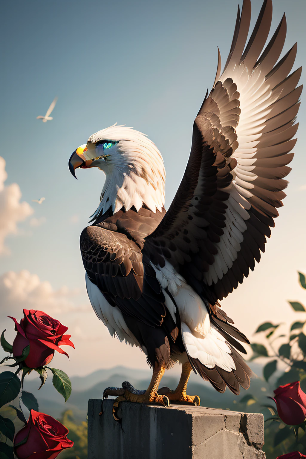 an eagle bird from the front, with open wings, and with a red rose in its beak