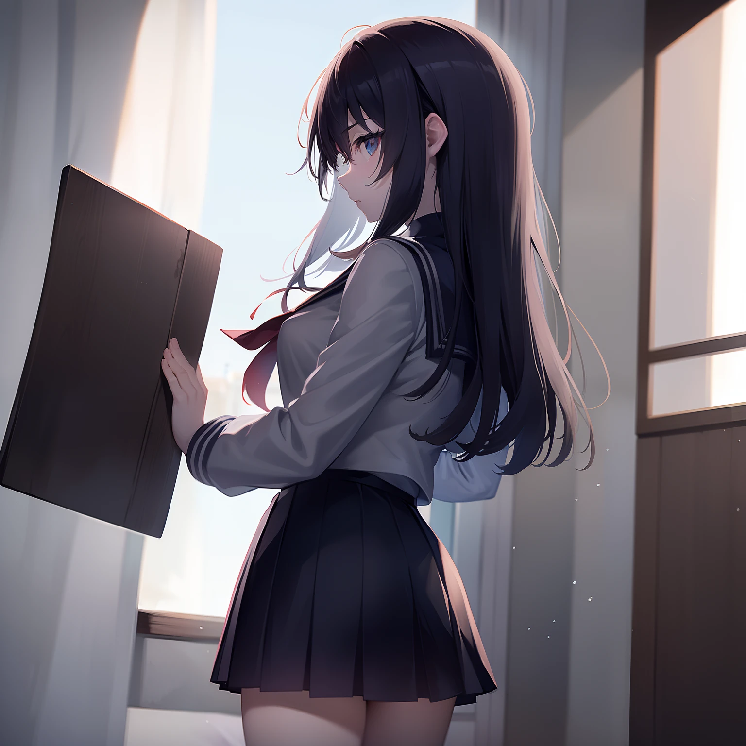 18-year-old girl,Wear a miniskirt,No panties,Leaning on the railing of the school building,Face away from the picture,The lower body is exposed