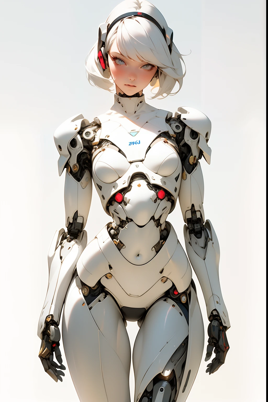high quality, 4k, masterpiece, beautiful, cyborg girl, cowboy shot, dull eyes, looking at viewer, short white hair, girl, small breasts, thick thigh, robotic arms, robotic body, cyborg body, intricate detail, joint, detailed lines, robotic detail, hands in prayer, praying, colorful robotic parts