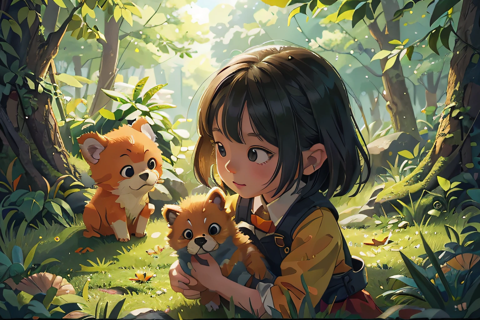 Foliage,ginko,Level,Foliage,green color,Orange colors,amarelo,illustration,high definition detail,Textured,planar, girl and a cute puppy,warm,Childhintricate,ultra - detailed,tmasterpiece,
