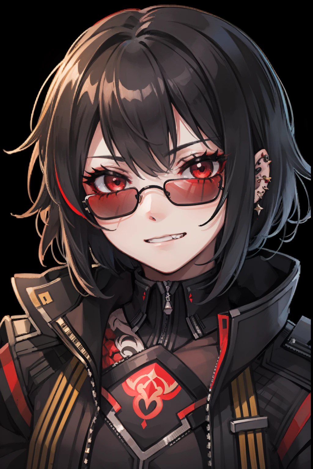 1girl, starsector, portrait, legio infernalis, legio, short hair, tattoos, piercing, red eyes, black coat, red undercoat, fluffy coat, grin, black background, small chest, sunglasses