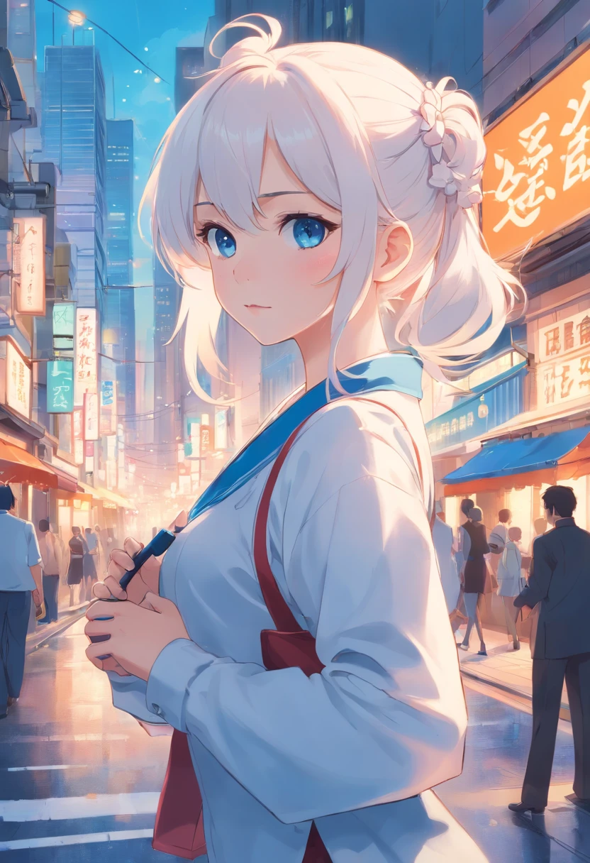 White color hair,Double ponytail curls,blue color eyes,White ta,Beth,A bustling city street