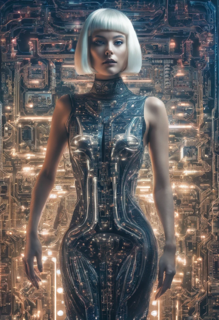 Full body photo of a beautiful woman with short white bob hairstyle, smiling, wearing a dress made only of electronic circuit boards, intricate detail