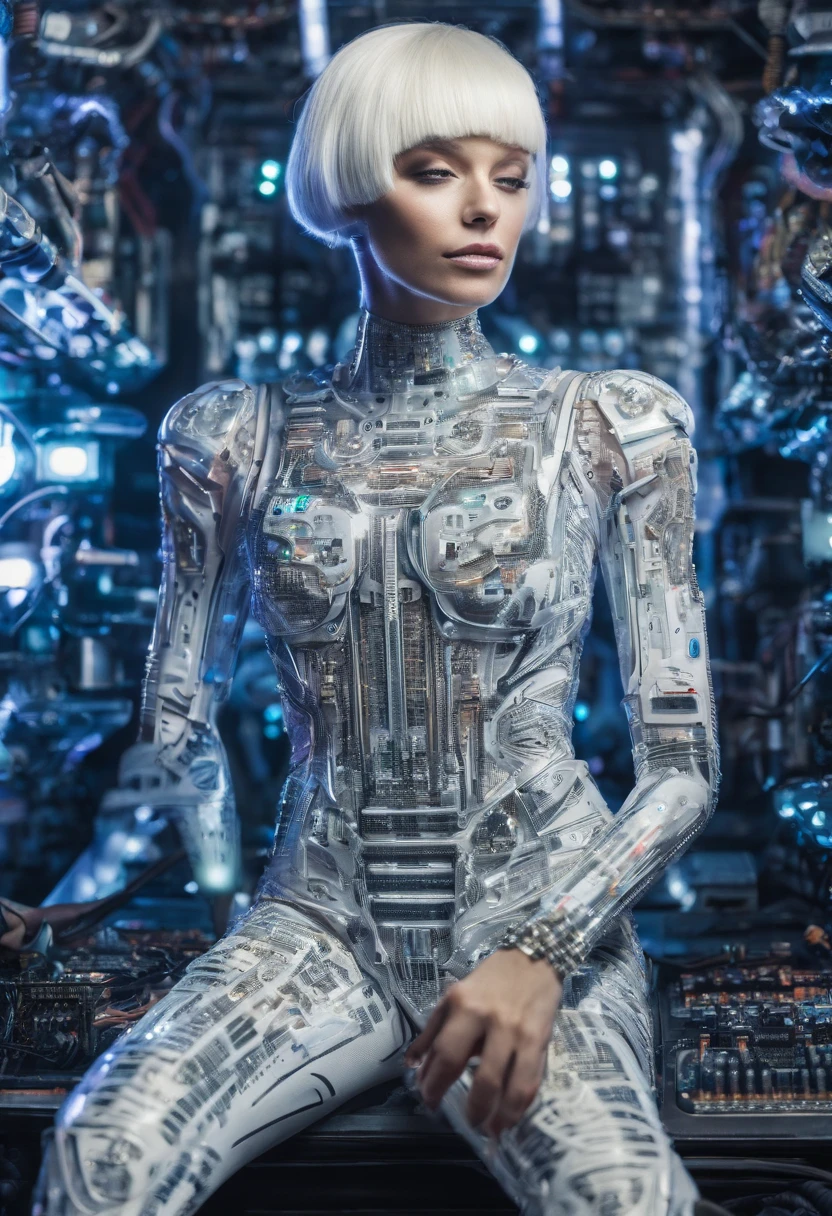 Full body photo of a beautiful woman with short white bob hairstyle, smiling, wearing a dress made only of electronic circuit boards, intricate detail