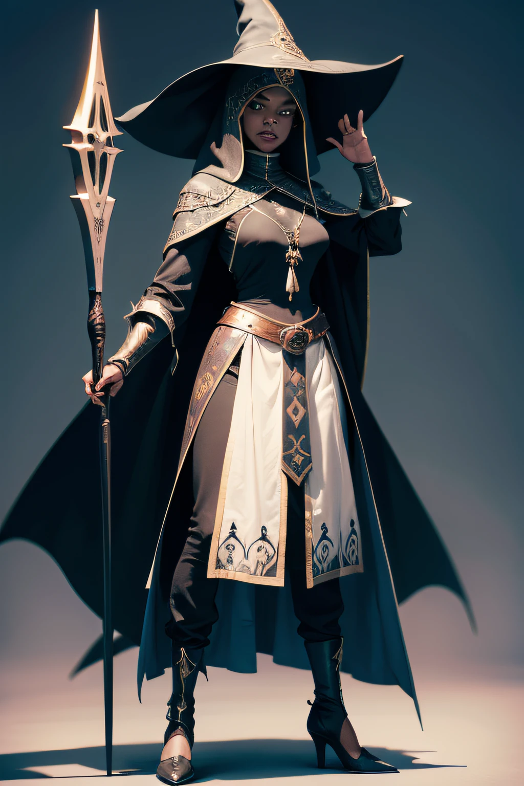 realista, mulher, pele escura, afrodescendente, bruxa, witch hat, roupa medieval preta, armadura medieval, sapatos, pants, corpo inteiro, fundo branco