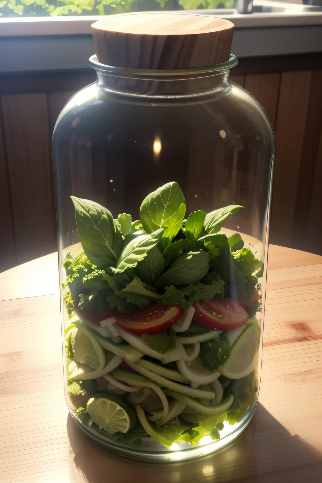 salad with greens inside a transparent glass bottle