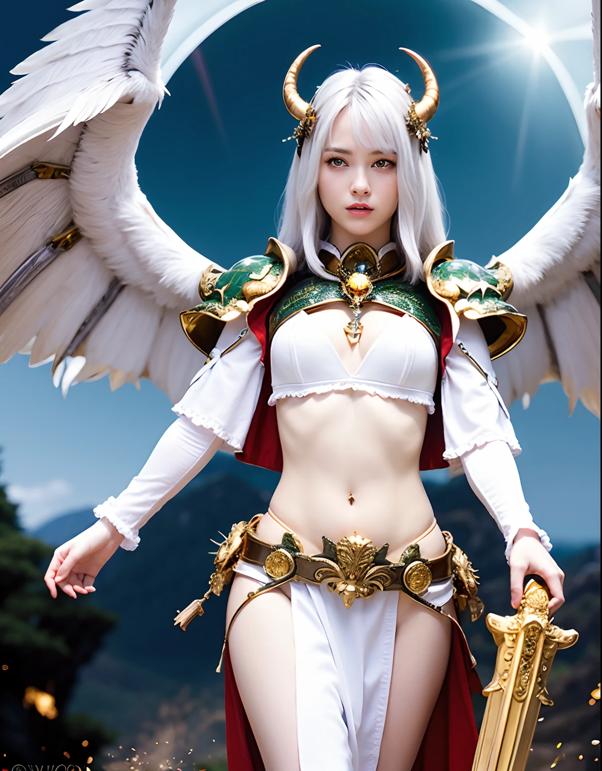 Professional , ​masterpiece、top-quality、photos realistic , depth of fields 、（White bikini armor)、（）、Jewel Gold Weapon、Particles of light),Gorgeous gold weapons ,（（ Gorgeous Dragon Sword）） , （Hold the Devil's Hand）,,（maikurobikini） 、（（White hair））、（Castle background）、（demonic wings）、（（Gangle's forest background））、Beautiful Caucasian beauty、１a person、dynamic ungle,(((Two devil's horns on the head)))、Smaller head、Idle Smile、Thin and beautiful female hands、Mystical expression、Light Effects、intense fighting、Wind-effect、magic circles、With the legendary magic wand、Dragon's tail、