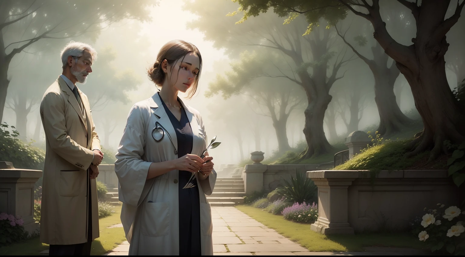 impressionist painting should depict a serene and misty garden, with light softly filtered through ancient trees. In the center, a doctor delicately holds a pair of scissors, about to cut an ethereal and ephemeral human figure in the foreground. A vulture hovers in the air, symbolizing death, while abstract forms represent diatoms crumbling at human touch. The perpetual bars mentioned in the poem are subtle and fading. The image invites contemplation of the fragility of life and the acceptance of its transience.
