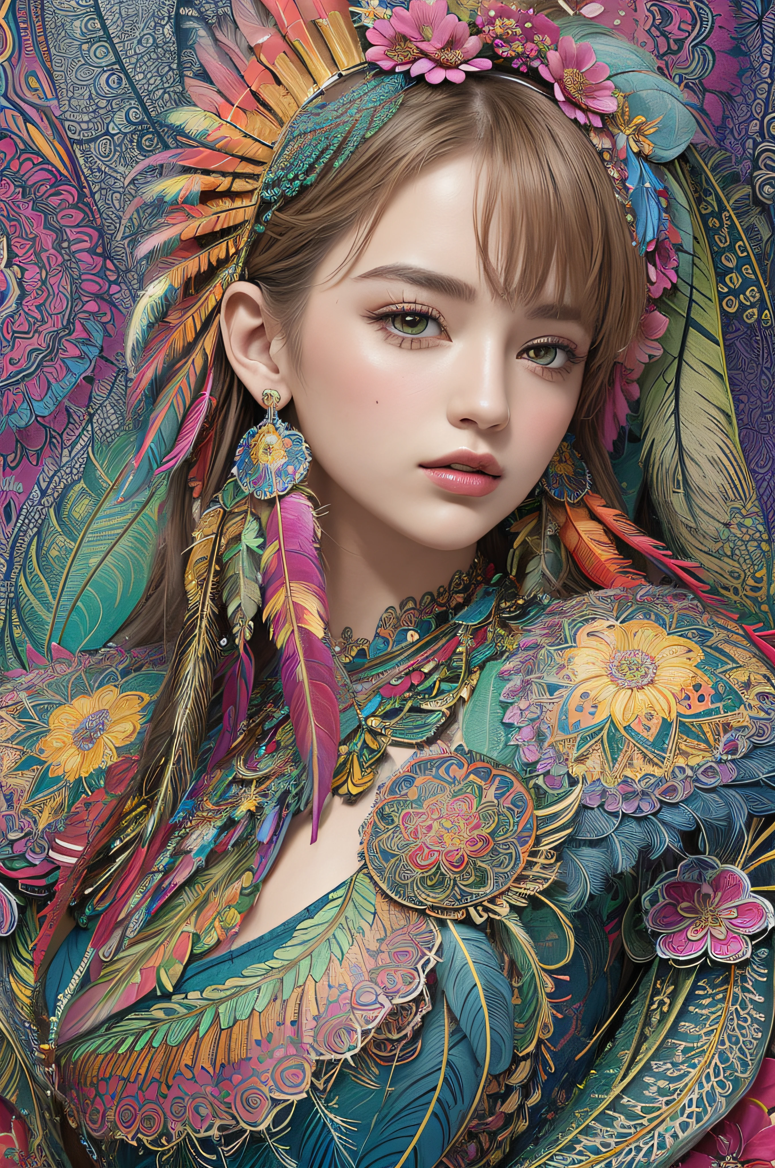 (masterpiece, top quality, best quality, official art, beautiful and aesthetic:1.2), (1girl:1.3), extremely detailed,(fractal art:1.1),(colorful:1.1)(flowers:1.3),highest detailed,(zentangle:1.2), full body, (abstract background:1.3), (shiny skin), (many colors:1.4), ,(earrings), (feathers:1.5),