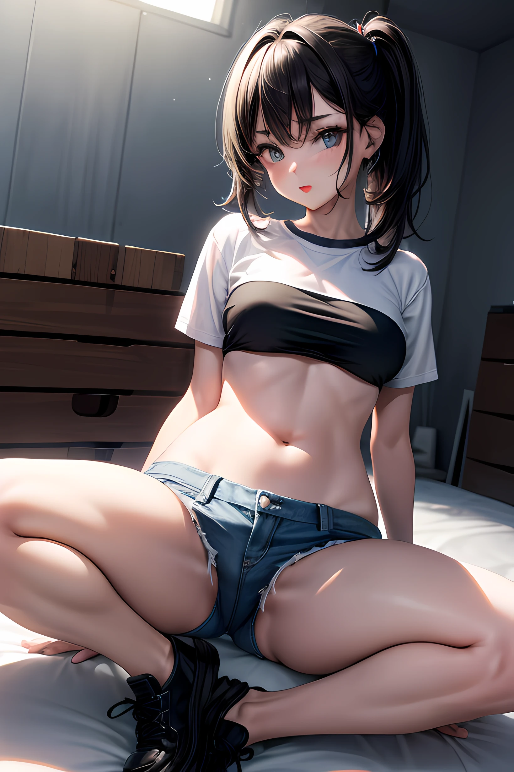 (masterpiece, best quality, highres, UHD, perfect pixel) twin girl, black hair, wallpaper, blue hot pants, white tshirt