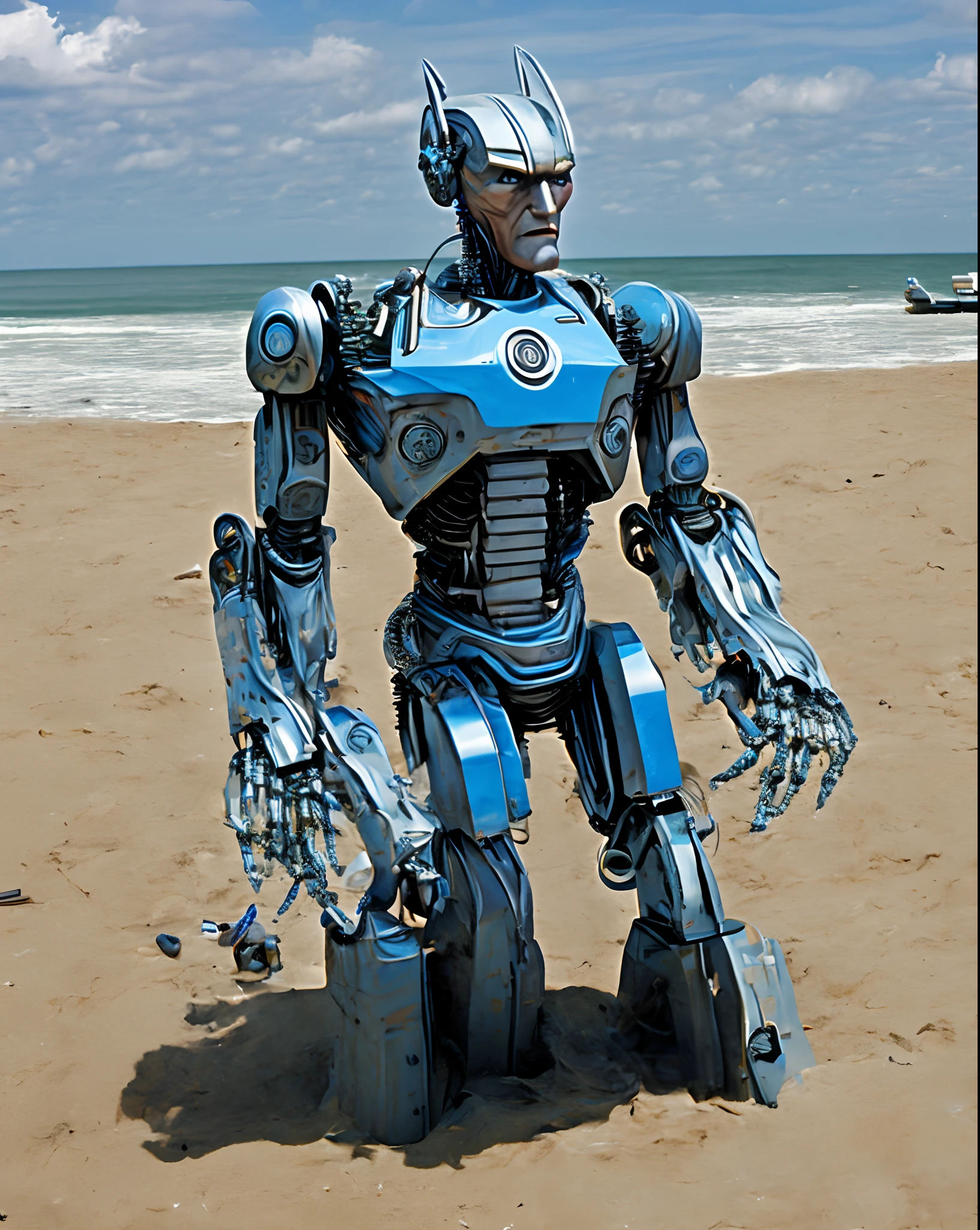 Robot man on the beach on computer