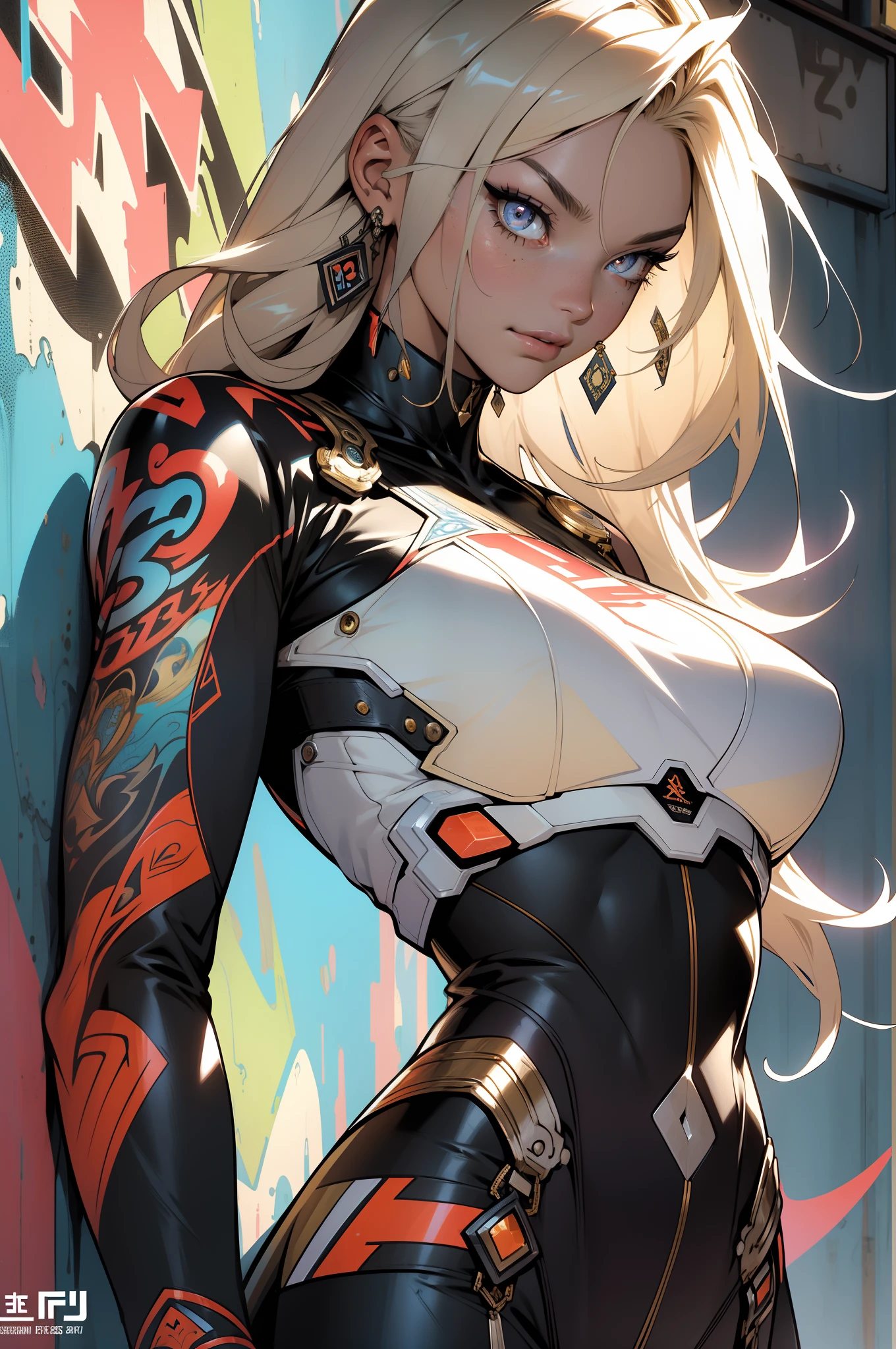 background, mixed-language_text, Japanese letters in graffit, girls, long blonde hair, excellent lighting, sidelighting, perfect ultimate (flat color: 1.3), (magazine_cover: 1.4), (multicolored_background: 1.3), striped_background, card_background, :: comix style by joe madureira :: circular pieces of white metals glued to the ultra detailed arms coming out sparkling brightness, super vivid illustration colors and with special touches, perfect and detailed, ultra detailed shirt with abstract design and with Japanese letters in graffit of the sides of the clothes, image of girls with big breast, on top of a futuristic motorcycle, with immersive effects, hover effect, background graffiti style tribal tattoo with flowers and vibrant colors, "ultra HDR" detailed and with focus effect, (masterpiece: 1.2, best quality), (beautiful eyes with huge eyelashes finely detailed: 1.2), , ((Solo)), (Finely detailed eyes and detailed face:1.3), in various full-body attack poses, (cute background: 1.2),futuristic costume, super detailed circular metals Clinging to arms and pants, fantastic paintings