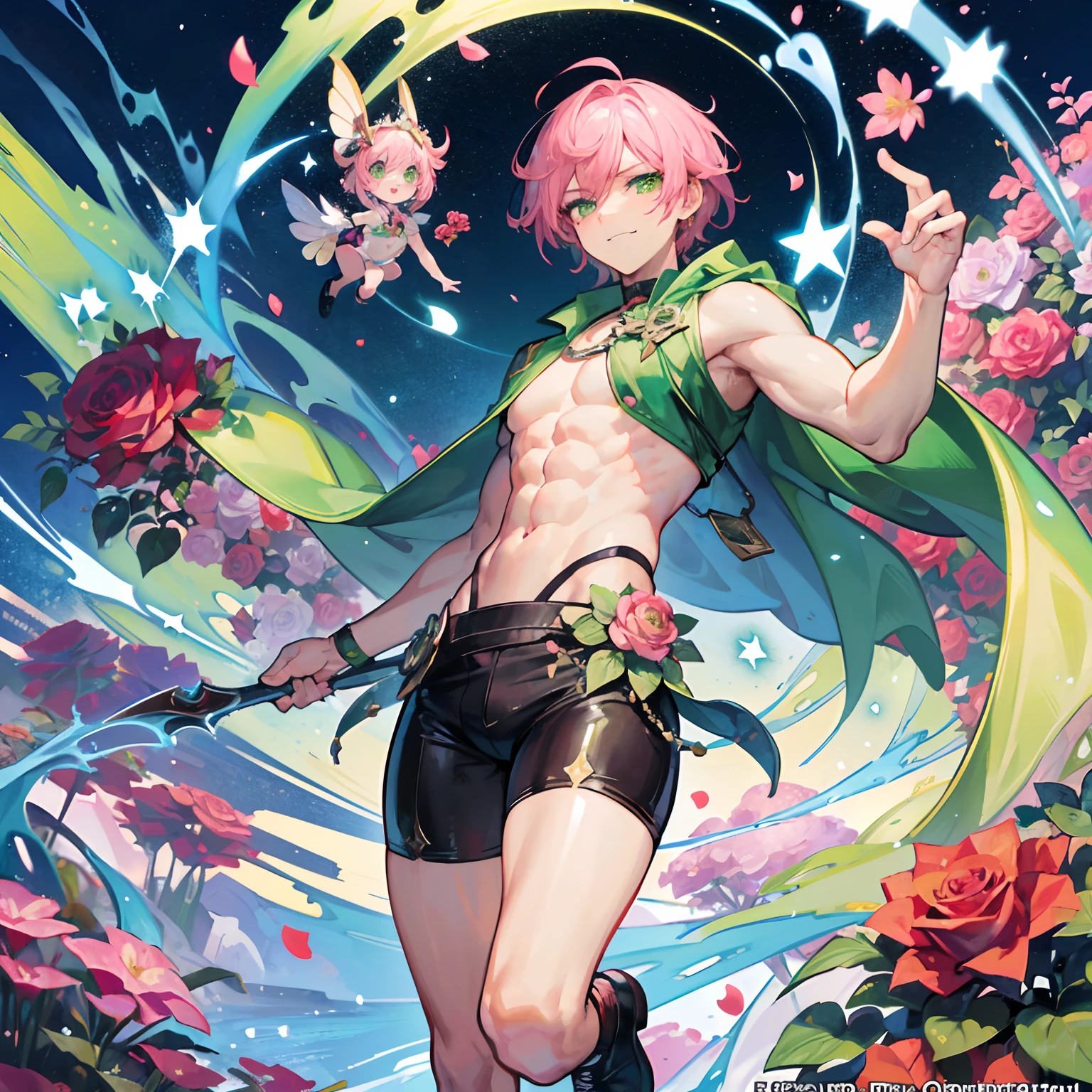 ((masterpiece, top quality,4K, best quality)), art, ((1MAN)), two side up, solo, :3, blush, expressive eyes, perfect face, cute,((velvet hair with yellow strands)), ((lime green eyes,plants outfit,leaves and flowers in outfit,green long feathery cape,rose and pink shoes,SHORT HAIR)), fullbody, full body, splash screen, (swirling background, dynamic scene),Plants vegetation and colorful flowers and roses in backround,super hero,dendro character,vines everywhere,controls vines and plants, genshin impact,fairy land backround, hair style,SMUG FACE,evil smile,stand,points the hand,outstanding pose,muscled man,abs,magical flowers and plants oround him,((SPLASH ART)).((MAN,MUSCLED,ABS))