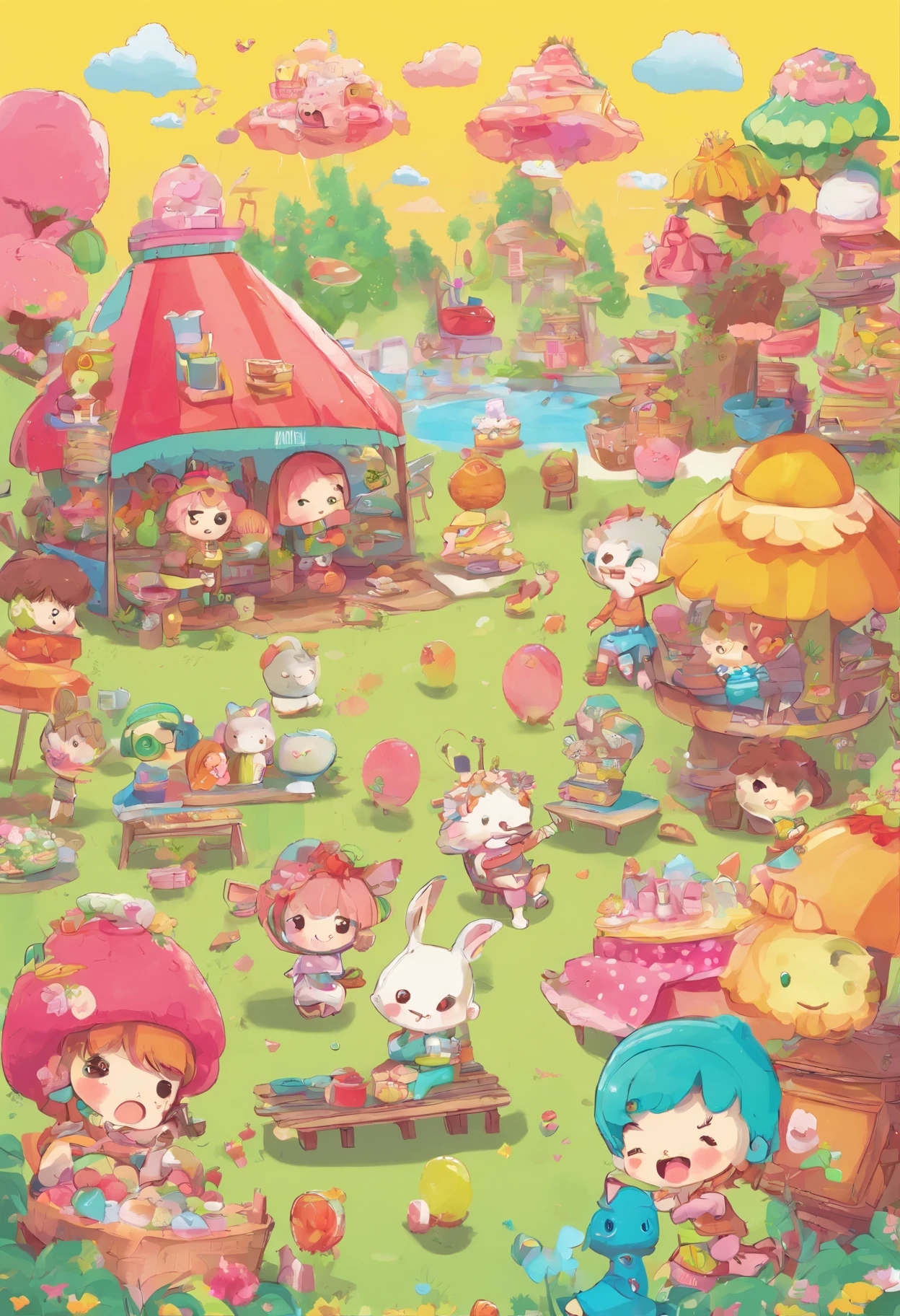Design a one-page digital illustration that features an adorable and cheerful zombie world bursting with happy colors. Populate the scene with cute, zombified characters engaged in quirky and humorous activities, such as a zombie picnic, a dance party, or a gardening club. Infuse the entire composition with a vibrant and inviting color palette to create a fun and whimsical atmosphere that defies the typical gloom associated with zombies.