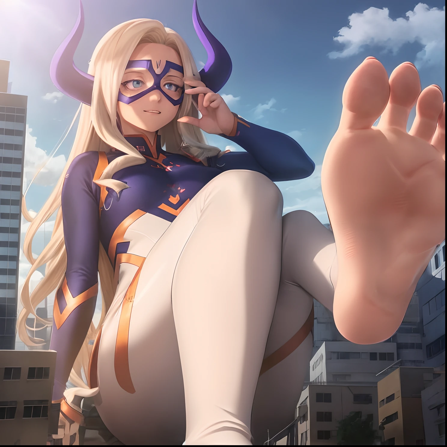 scan, (extremely detailed CG unity 8k wallpaper:1.1), (traditional media:0.9), (sketch:0.9), tracing, ultra-detailed, soft lighting, anime, (1girl), mtladymha, boku no hero academia, long hair, blonde hair, horns, domino mask, bodysuit, large breasts, purple eyes