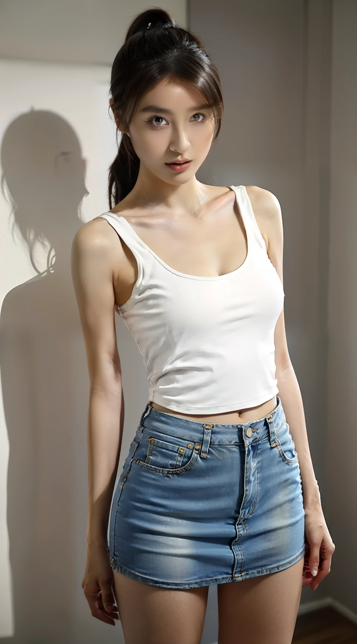 Leather Tank Top、White bra、Crouch Pose、Girl taking photo in tight denim miniskirt、Denimini、Ultra mini skirt、White panty、arm behind back、flaxen ponytail、full body Esbian、Cropped T-shirt、bra very、slim figure、Petite bust、Slim Girl Model、21-year-old female model、
