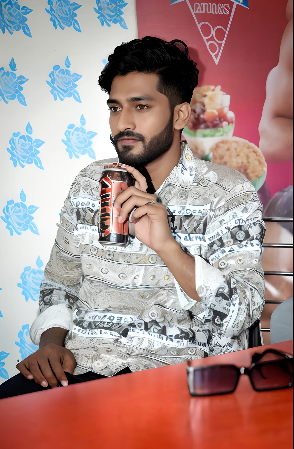 ایک لڑکے کی تصویر بناو جو ایک ہکا کے کاؤنٹر پر کھڑا شیشہ پی رہا ہا اور اس کے پیچھے ہکا سامان پرا ہوّا is اس کی شرٹ پہ اسکا برانڈ کا نام لکھا is جو "turkish puff 69" is
