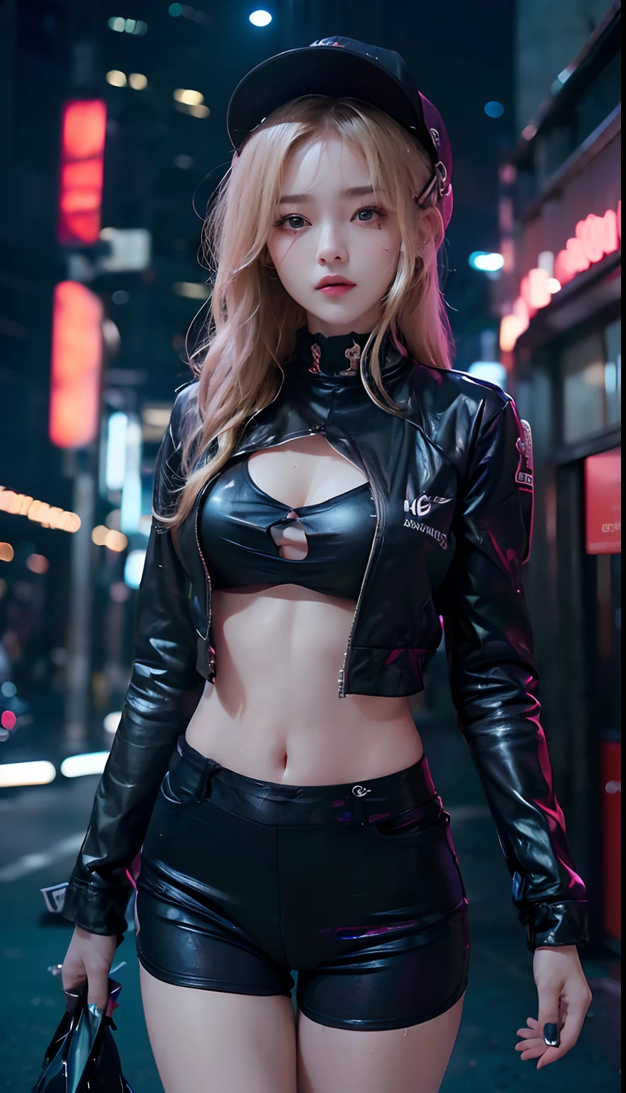 (1girll)、large tities、Giant breasts、sunburnt、Expose muscles、Sweat muscles、Wavy blonde hair、nylon tshirt、Punk girl、Dark hair、cleanness、Erotic、Thin and light、fully body photo
