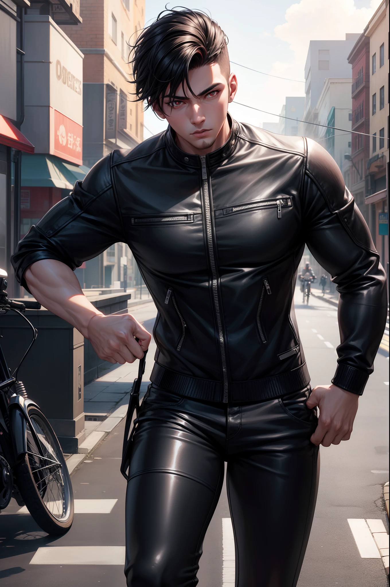 1 male, Beautiful boy, Body Length 180, 20 years old, (black short hair, Street hairstyle) , ((red eyes)), realistic eyes, beautiful and sharp eyes), Men's Clothing, Biker clothing, muscles, (8k wallpaper), (street background) 8k, Quilty Altitude, Realistic, Beautiful realism, outstanding detail, RAW photo, Realistic clothes, Black hair, realistic hair, realistic eyes, Light and cool lighting, realistic photo, Cel shaded, Gel lighting, ultra-detail, ((Street bike riding)), (In the morning)