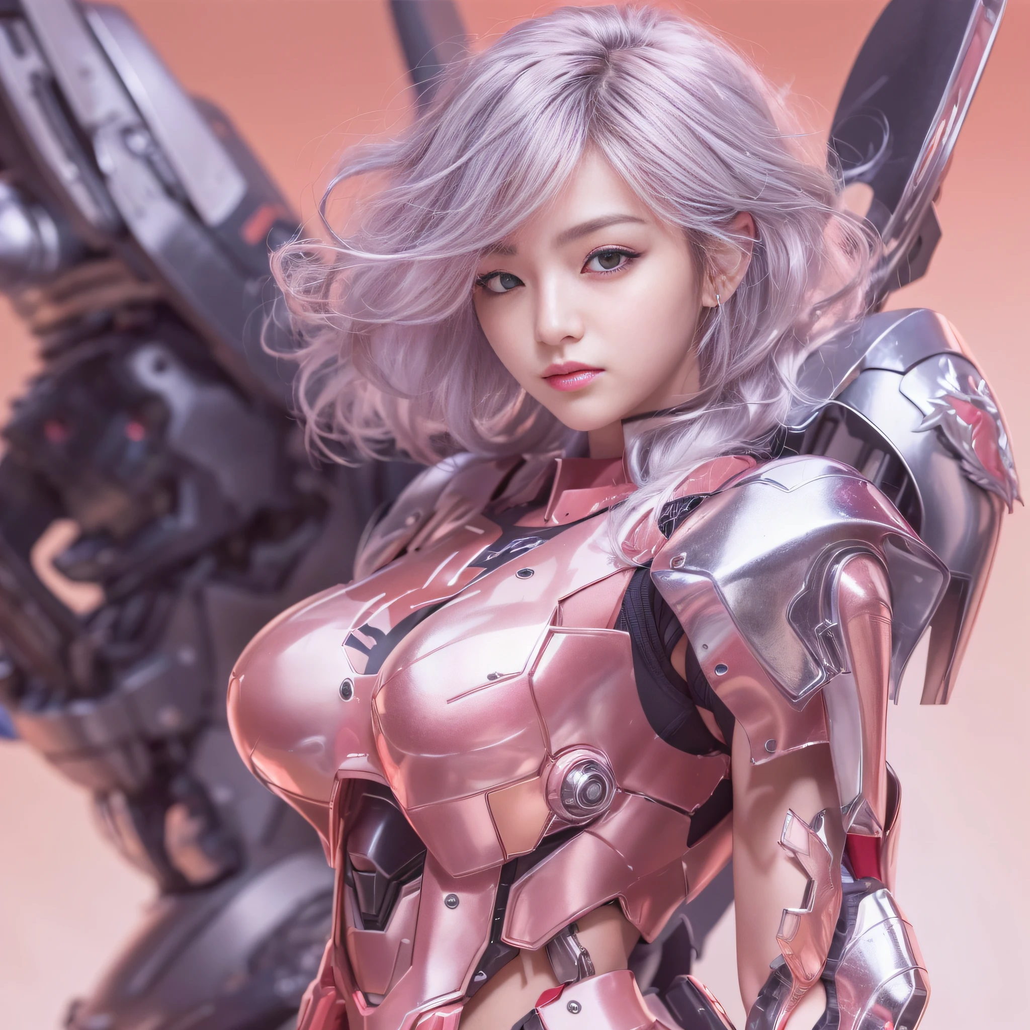 (masterpiece, best quality:1.3), (16k, highres:1.3), 1girl, model, glamor, teen, medium breasts, dynamic pose, dynamic angle, black eyes, serious, silver hair, swept bangs, ringlets, very beautiful korean female idol, pink mecha armor, gundamgirl style, sazabi,