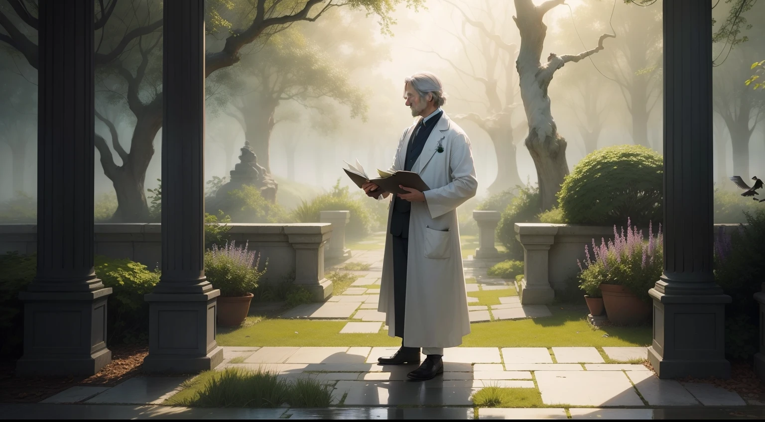impressionist painting should depict a serene and misty garden, with light softly filtered through ancient trees. In the center, a doctor delicately holds a pair of scissors, about to cut an ethereal and ephemeral human figure in the foreground. A vulture hovers in the air, symbolizing death, while abstract forms represent diatoms crumbling at human touch. The perpetual bars mentioned in the poem are subtle and fading. The image invites contemplation of the fragility of life and the acceptance of its transience.