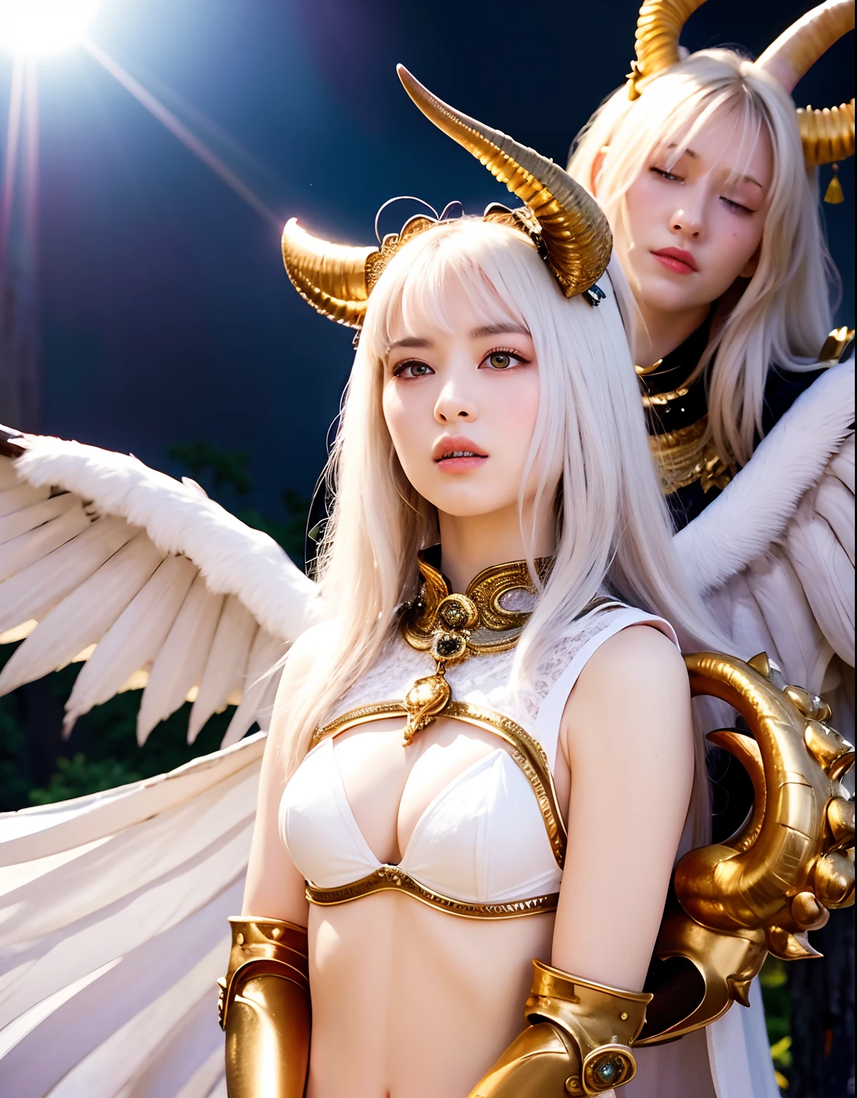 Professional , ​masterpiece、top-quality、photos realistic , depth of fields 、（White bikini armor)、（Particles of light）、Jewel Gold Weapon、Particles of light),Gorgeous gold weapons ,（（ Gorgeous Dragon Sword）） , （White angel wings grow）,（maikurobikini） 、（（White hair））、（Castle background）、（（Gangle's forest background））、Beautiful Caucasian beauty、１a person、dynamic ungle,(((Two devil's horns on the head)))、Smaller head、Idle Smile、Thin and beautiful female hands、Mystical expression、Light Effects、intense fighting、Wind-effect、magic circles、Dragon's tail、（White angel wings grow）、
