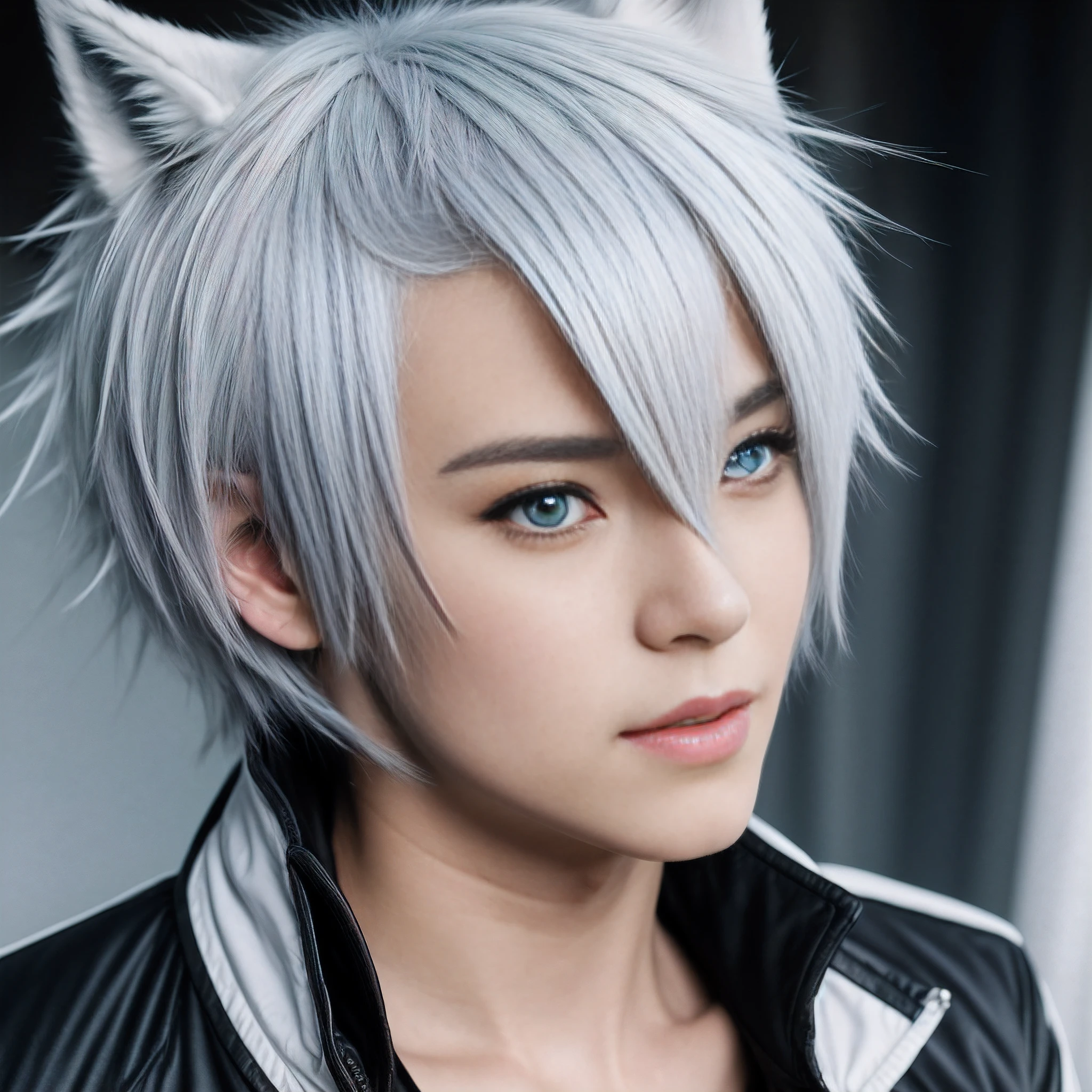 a close up of a  anime character , bet face, anime character with white hair and blue eyes wearing a black jacket, white - haired fox, wolf ears, 1man