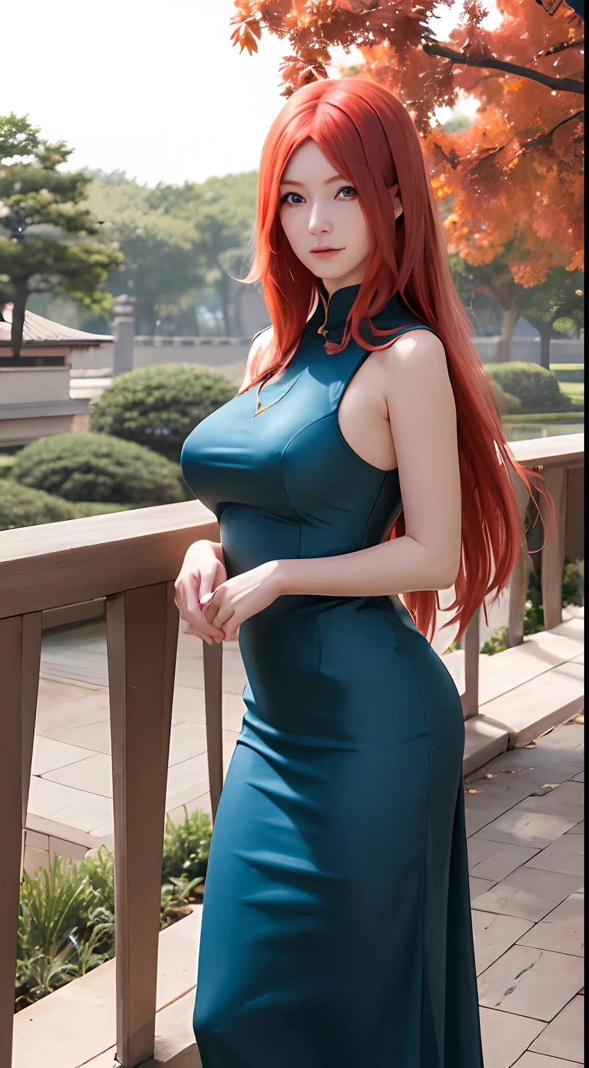 uzumaki_kushina, large_breasts, standing, solo, china dress,, masterpiece, best quality, detailed face, detailed eyes, highres,red long hair,blue eyes