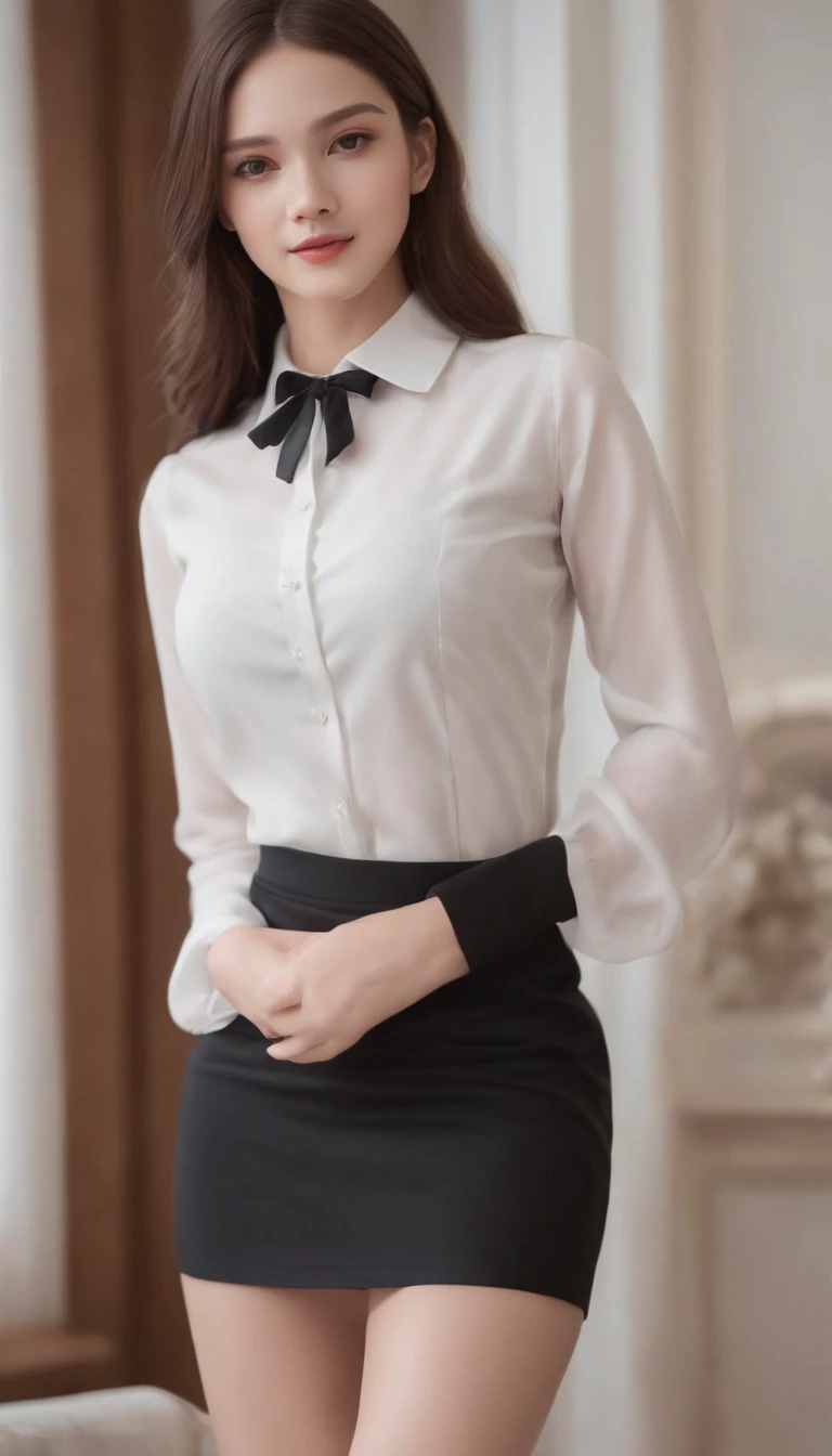 High quality，tmasterpiece，超A high resolution，(Photorealsitic),（realisticlying：1.4），RAW photogr，Full body photo of the girl，inside in room，sit on chair，Legs crossed)，Good looking face，Slim，Dignified，Small Fresh，（blouse with a white collar，black short skirt），ssmile，cabelos preto e longos，Beautiful hair accessories，Beautiful teenage girl，detailed scene, Beautiful digital illustrations, detaileds，ultra - detailed, Cinematic quality, (Beauty and aesthetics，big breasts beautiful)，correct hand