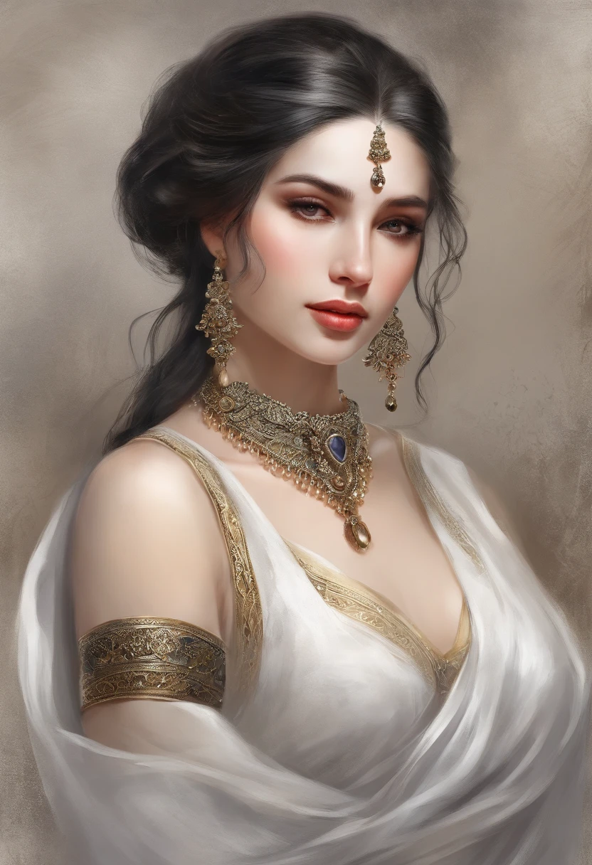 best qualtiy，tmasterpiece，超高分辨率，cold light，1girll，(Close-up of the upper body，closeup of face), Nice face，dignified，Cold and glamorous，cabelos preto e longos，hair adornments，耳Nipple Ring，choker necklace，鎖骨，(period costume，One shoulder，Costume hair accessories，silber hair), Ancient oriental style, Beautiful teenage girl，Beautiful goddess，Detailed scenes, Beautiful digital illustration，the detail，Hyper-detailed, Cinematic quality, (Beauty and aesthetics，big breasts beautiful)
