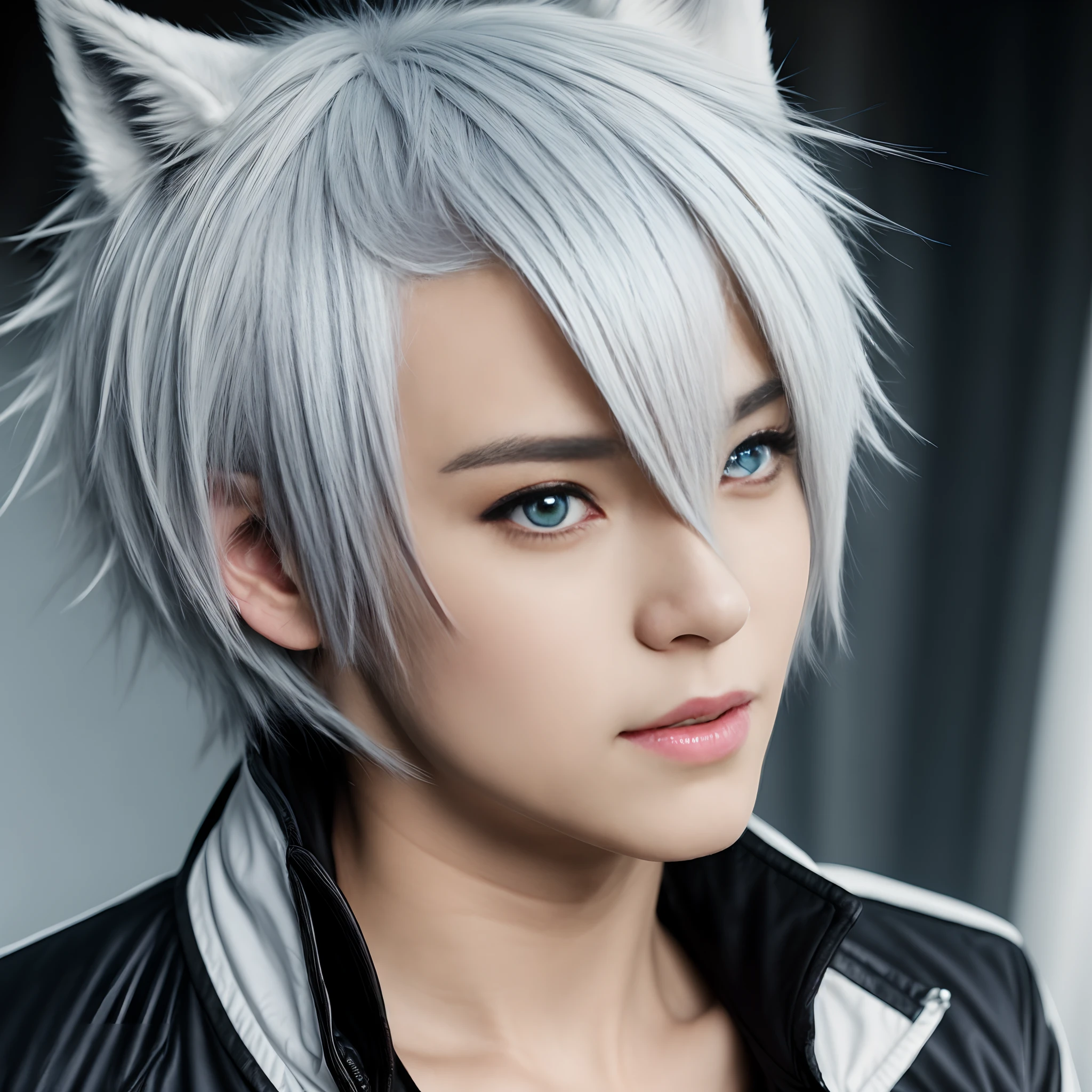 a close up of a anime character , bet face, anime character with white hair and blue eyes wearing a black jacket, white - haired fox, wolf ears, 1man