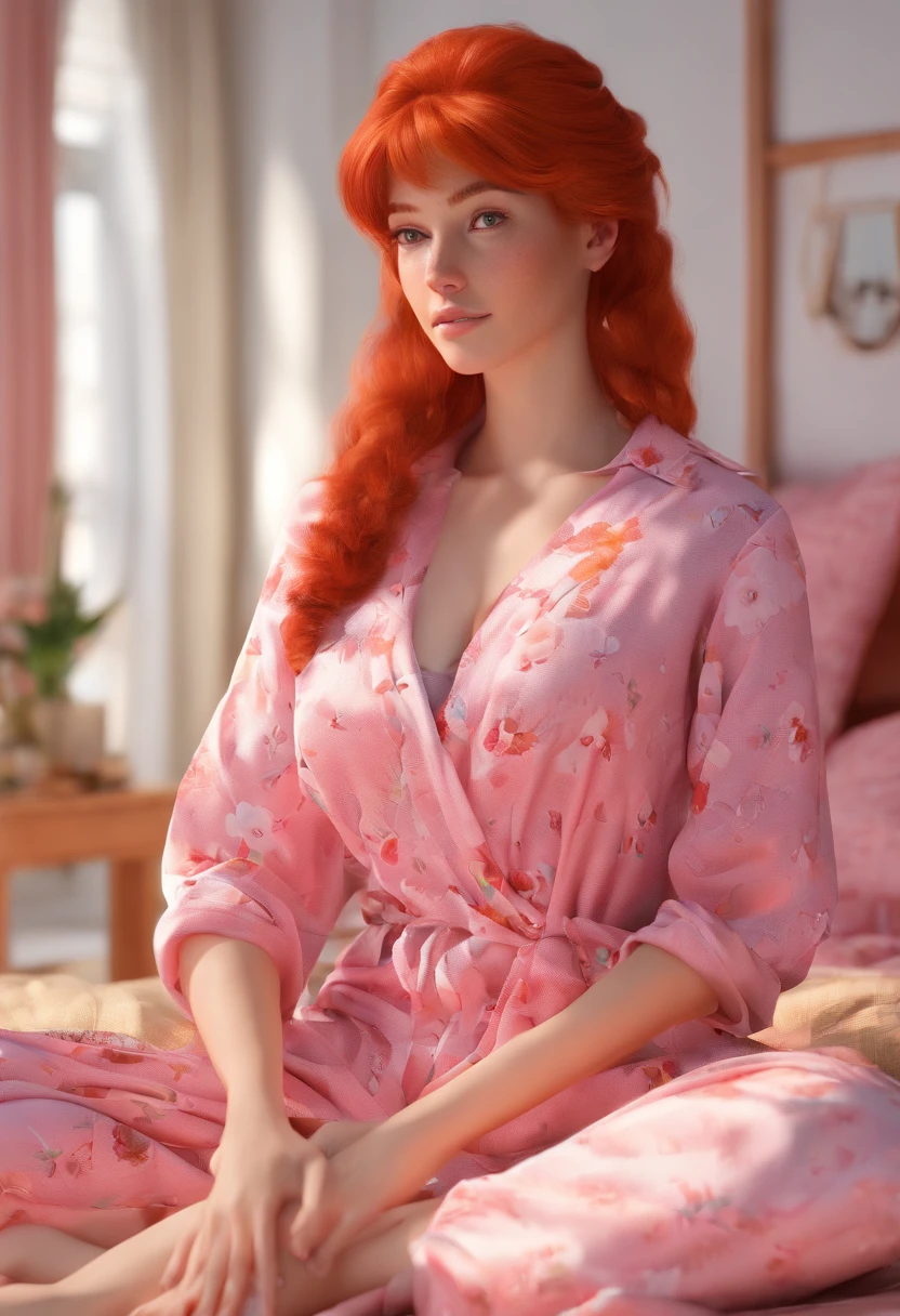 There was a woman sitting on a bed in pink flower pajamas, Red-haired girl, beautiful redhead woman, Red-haired woman, Young redhead girl, Short bright red hair, red hair and attractive features, anna nikonova aka newmilky, Red-haired girl, Redhead, Beautiful woman, posing in bed, Red head, pelo rojo corto, poses in the room