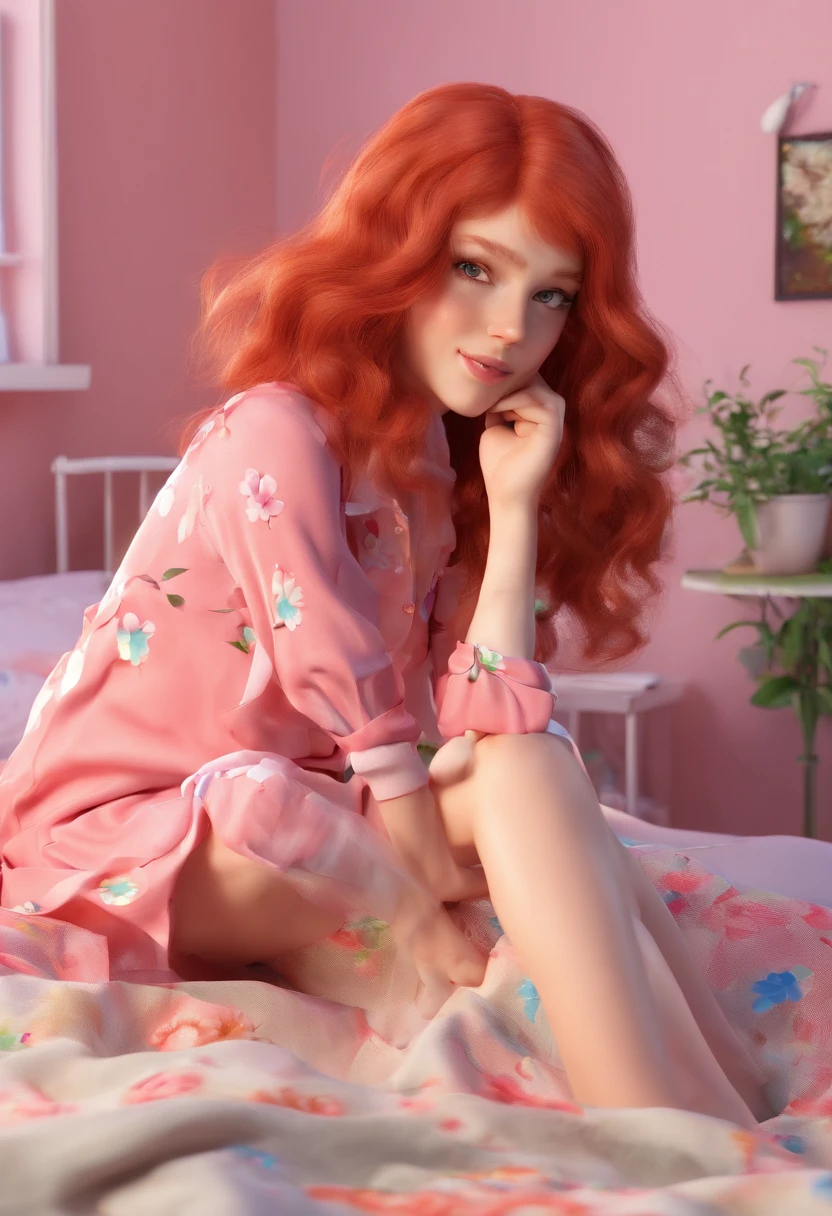 There was a woman sitting on a bed in pink flower pajamas, Red-haired girl, beautiful redhead woman, Red-haired woman, Young redhead girl, Short bright red hair, red hair and attractive features, anna nikonova aka newmilky, Red-haired girl, Redhead, Beautiful woman, posing in bed, Red head, pelo rojo corto, poses in the room